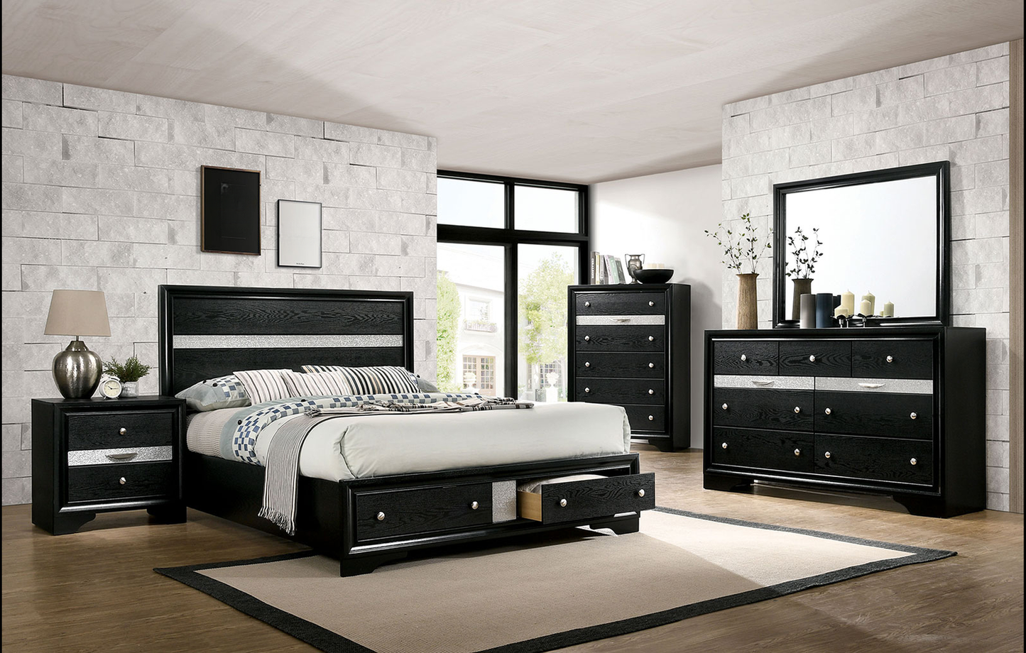 Black queen bed with storage drawers and silver accents