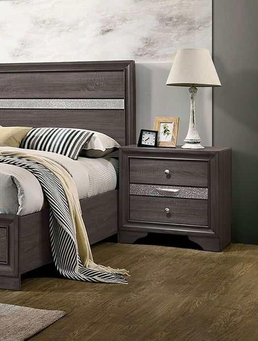 Gray wood nightstand with two drawers and glitter accents