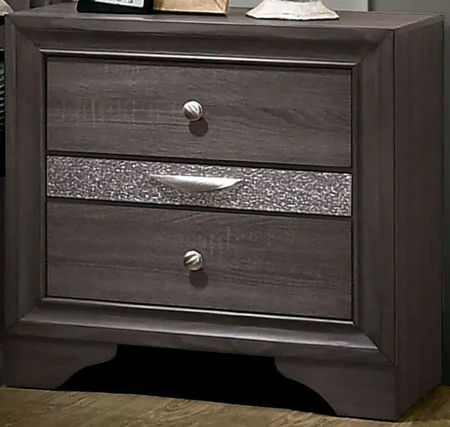 Dark grey wood nightstand with two drawers and silver accents
