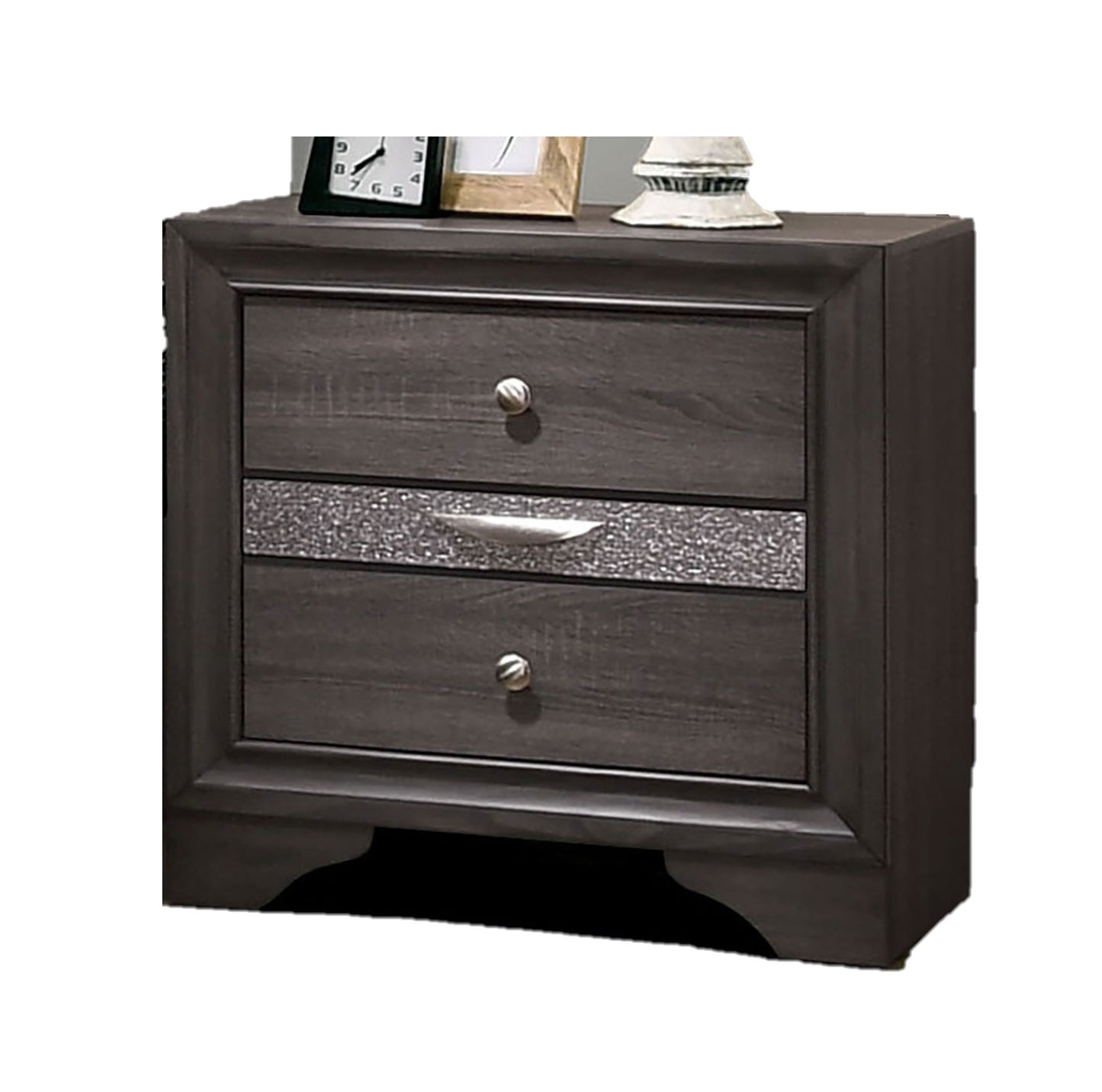 Dark gray wood nightstand with two drawers featuring crystal accents