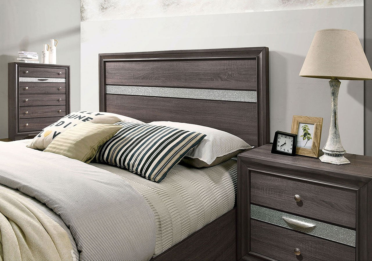 Dark grey wood paneled headboard with silver accent for modern bedroom