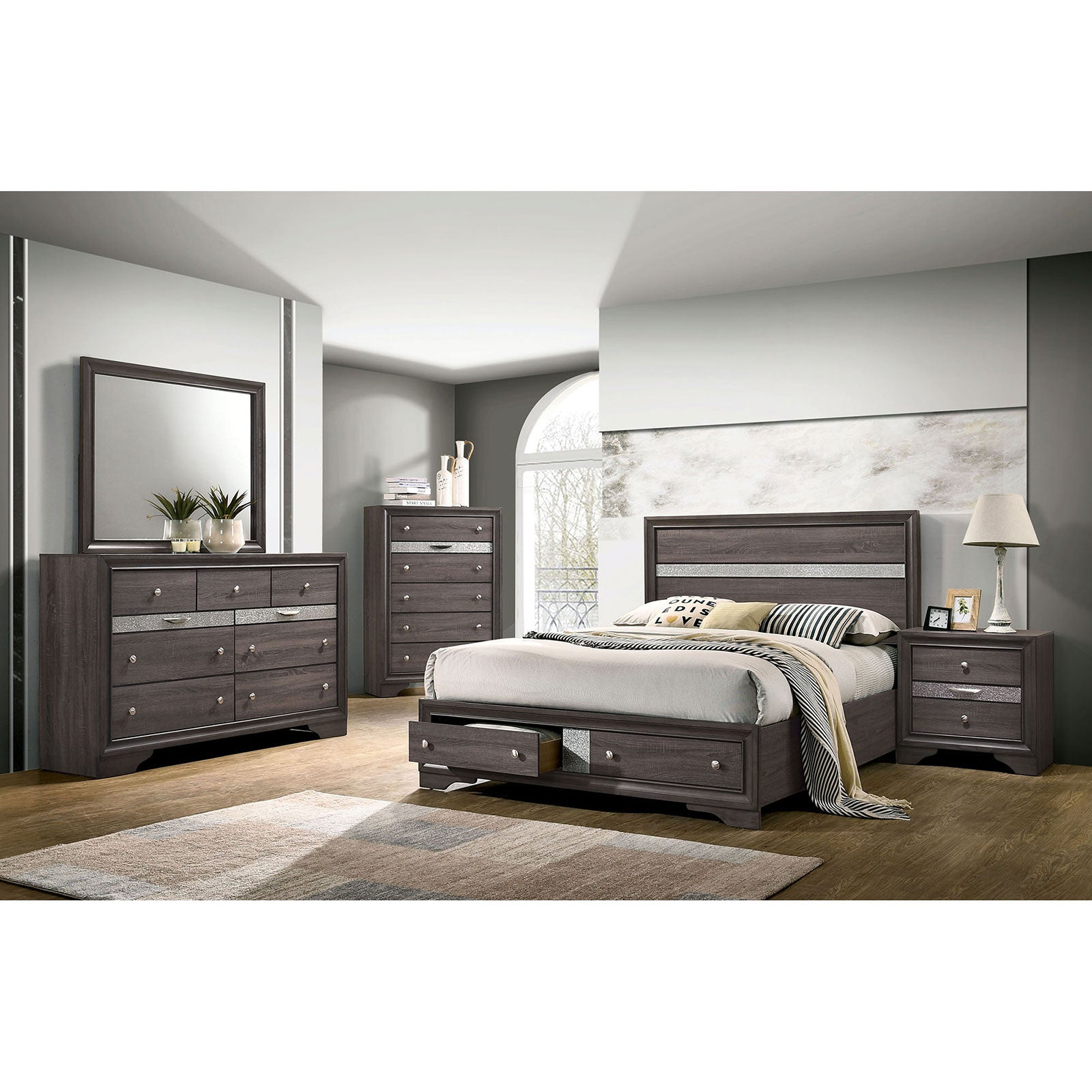 Dark gray modern bedroom set with mirrored dresser and nightstand