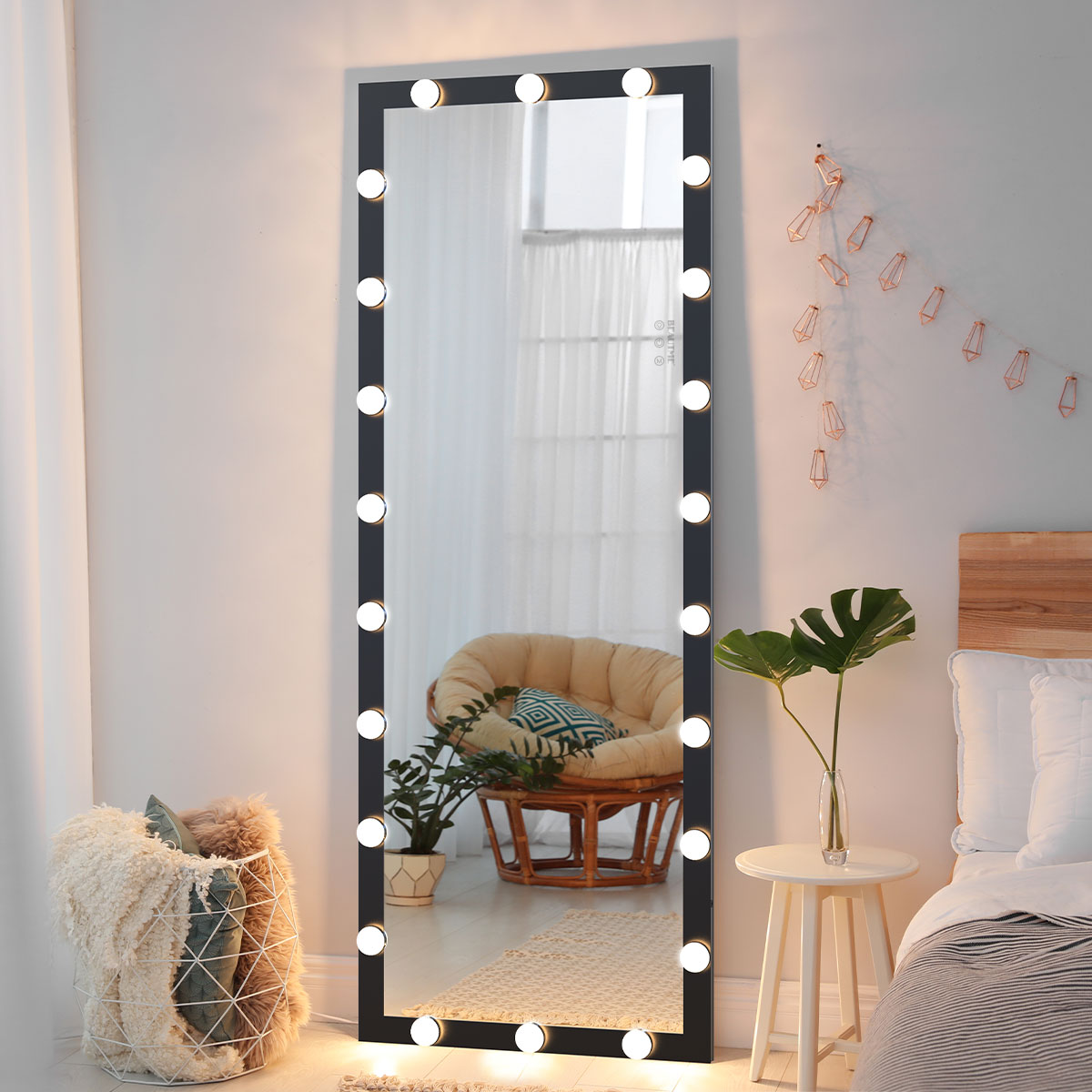 Fulllength vanity mirror with  bright LED bulbs for makeup application