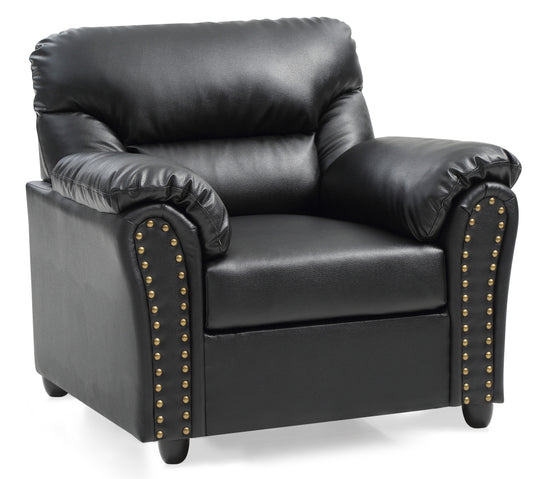 Black faux leather armchair with plush cushioning and brass nailhead trim