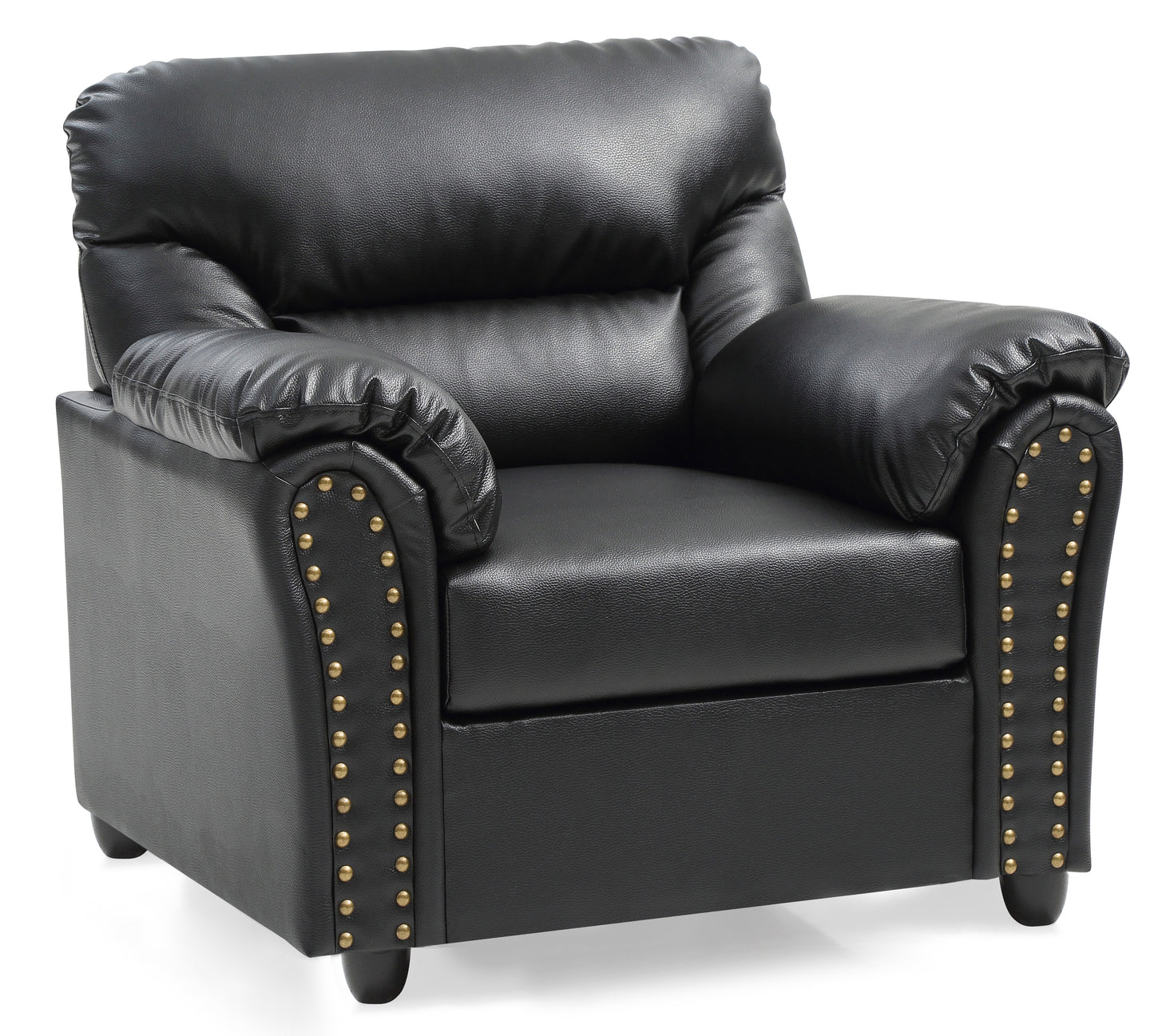 Plush black faux leather armchair with decorative brass nailhead trim detail