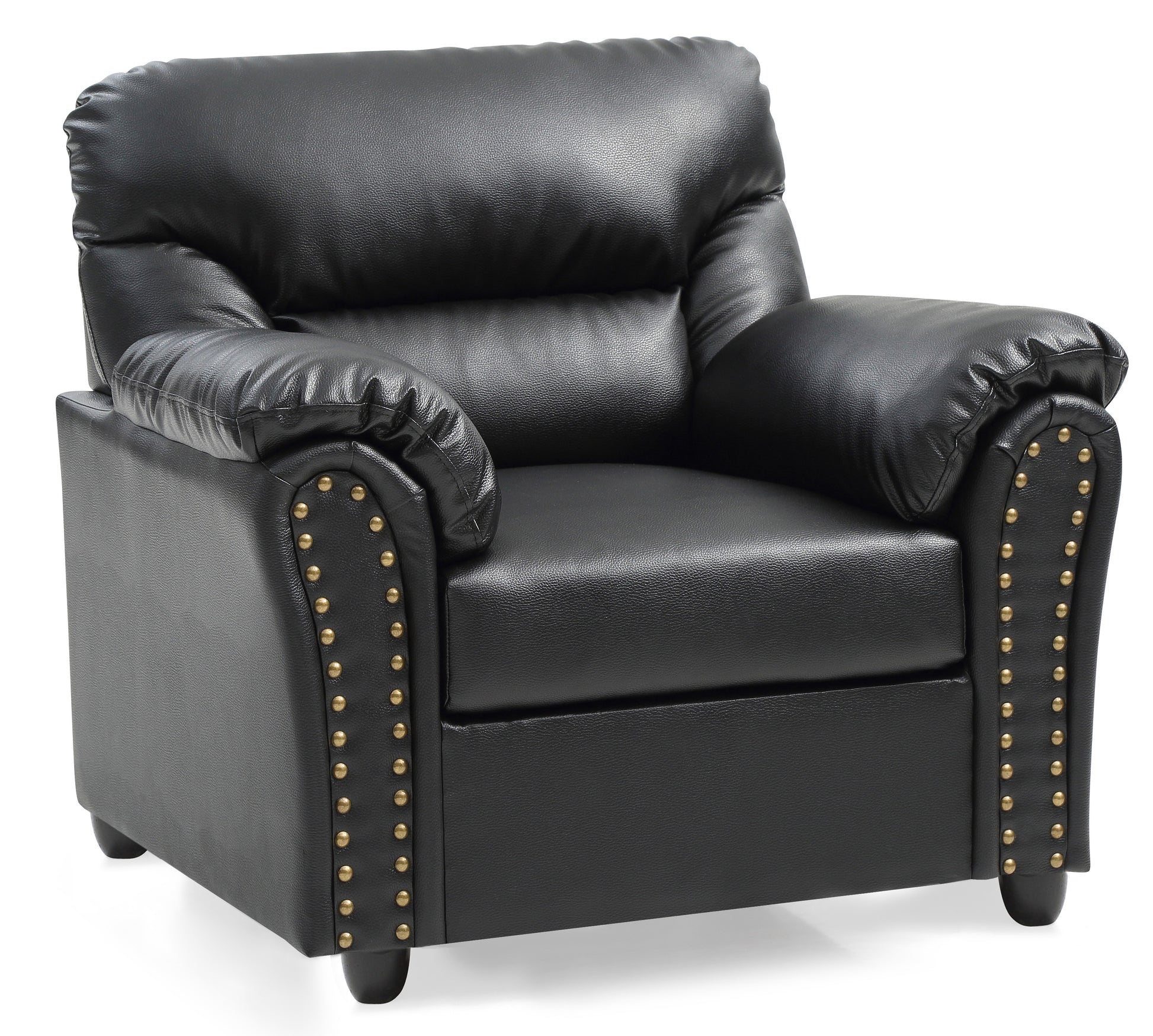 Plush black faux leather armchair with decorative brass nailhead trim detail