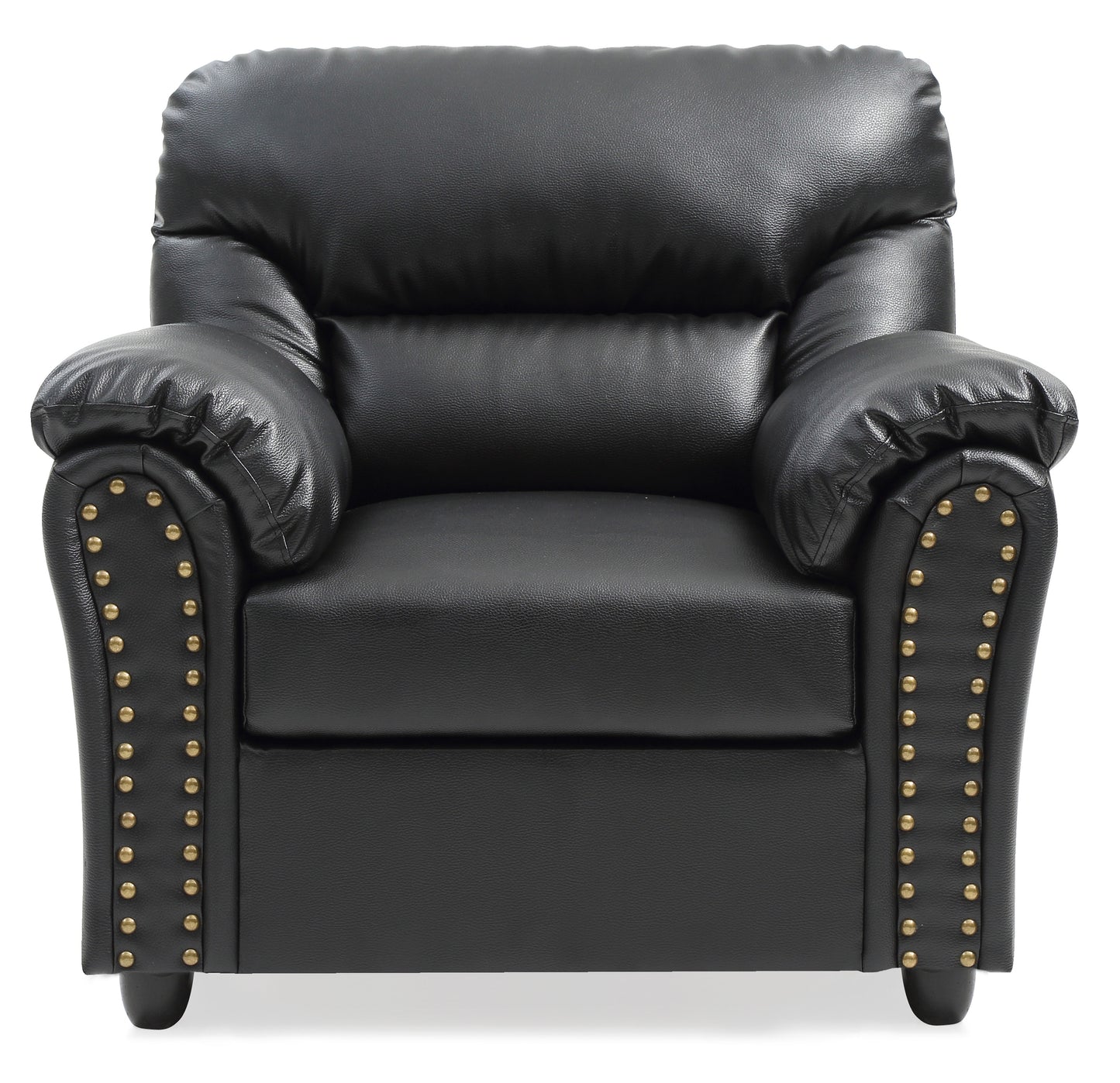 Black faux leather accent chair with brass nailhead trim and padded arms