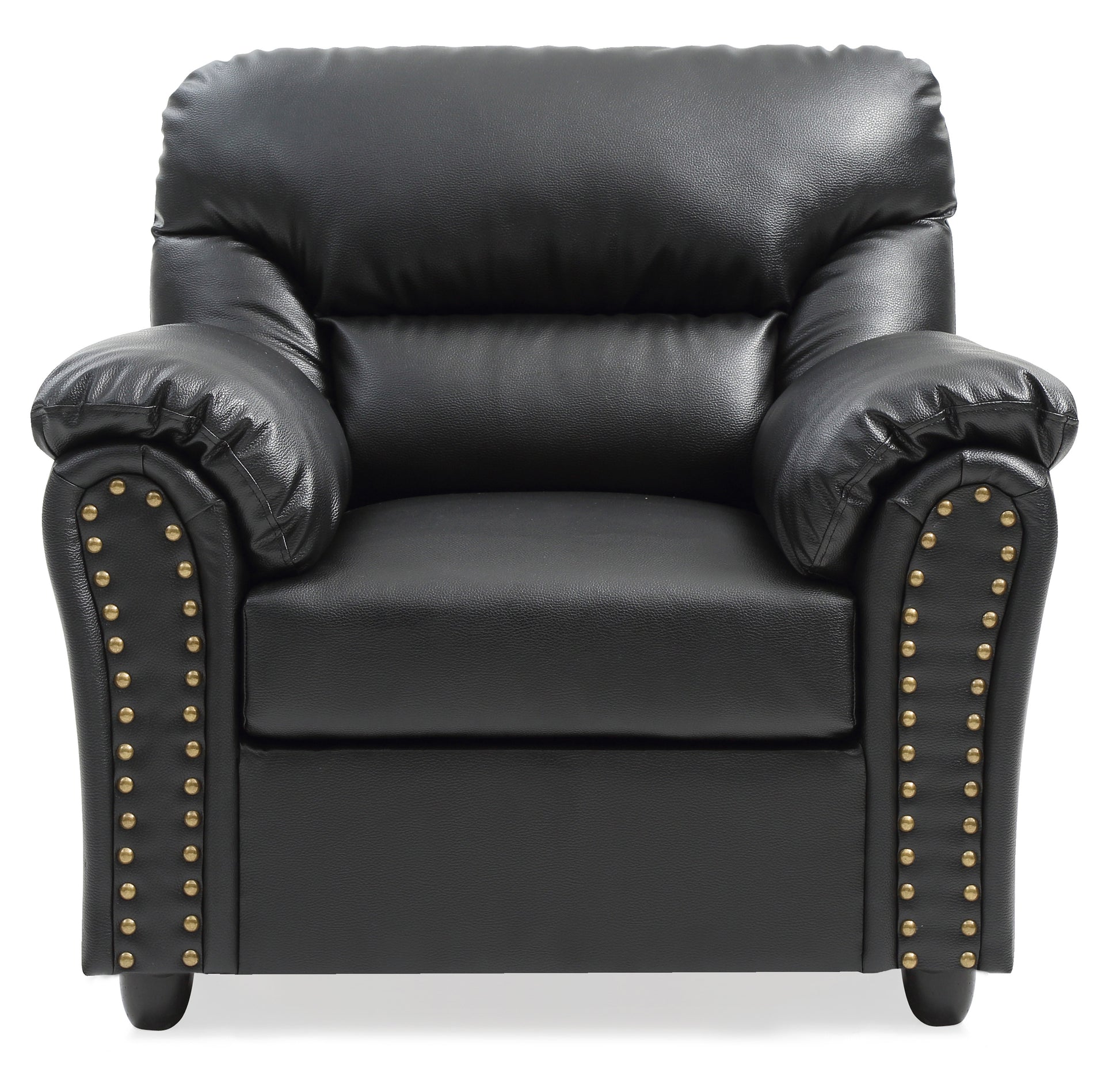 Black faux leather accent chair with brass nailhead trim and padded arms