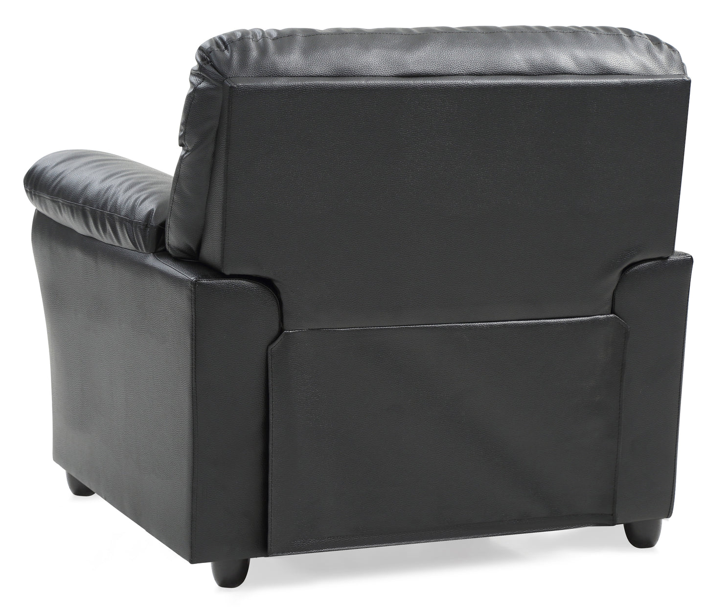 Rear view of a black faux leather armchair with plush cushioning and sturdy legs