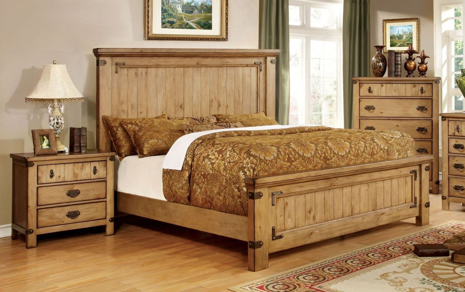 Rustic wood king bed frame with ornate bedding