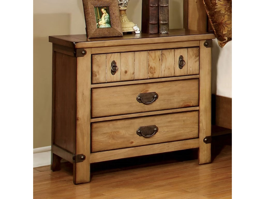 Rustic pine wood nightstand with three drawers and antique brass hardware