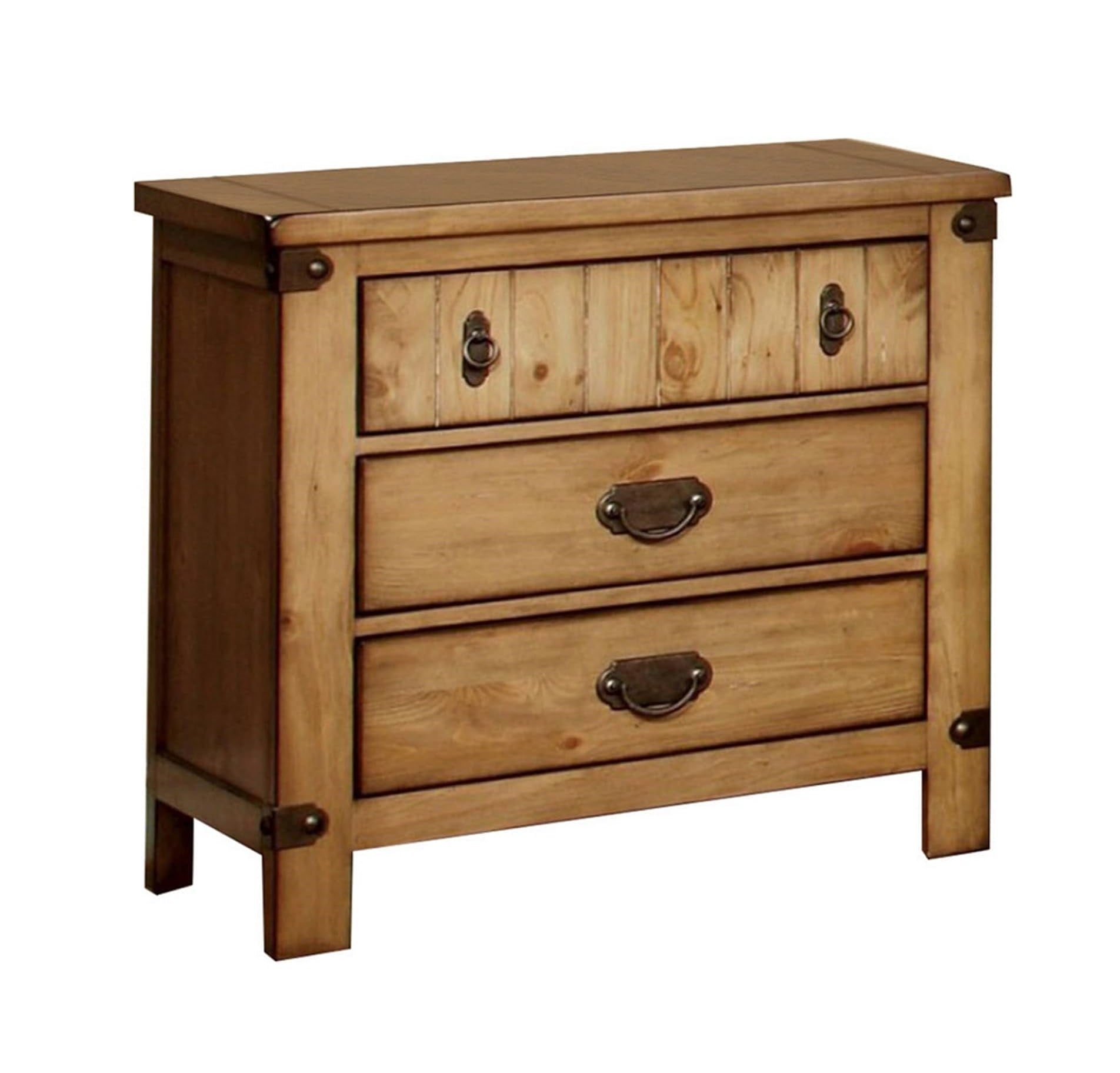 Rustic pine wood nightstand with three drawers and antique brass hardware