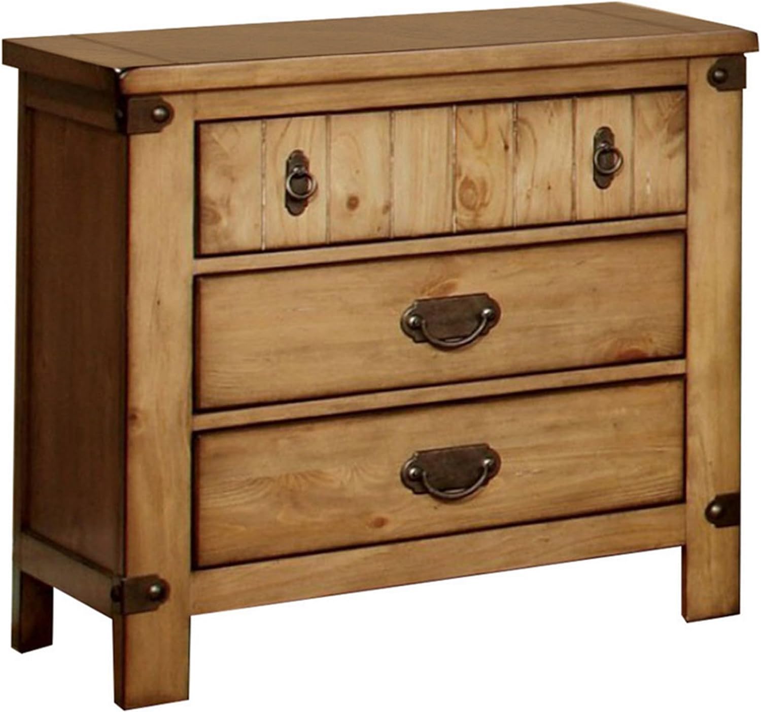 Rustic pine wood nightstand with three drawers and antique brass hardware