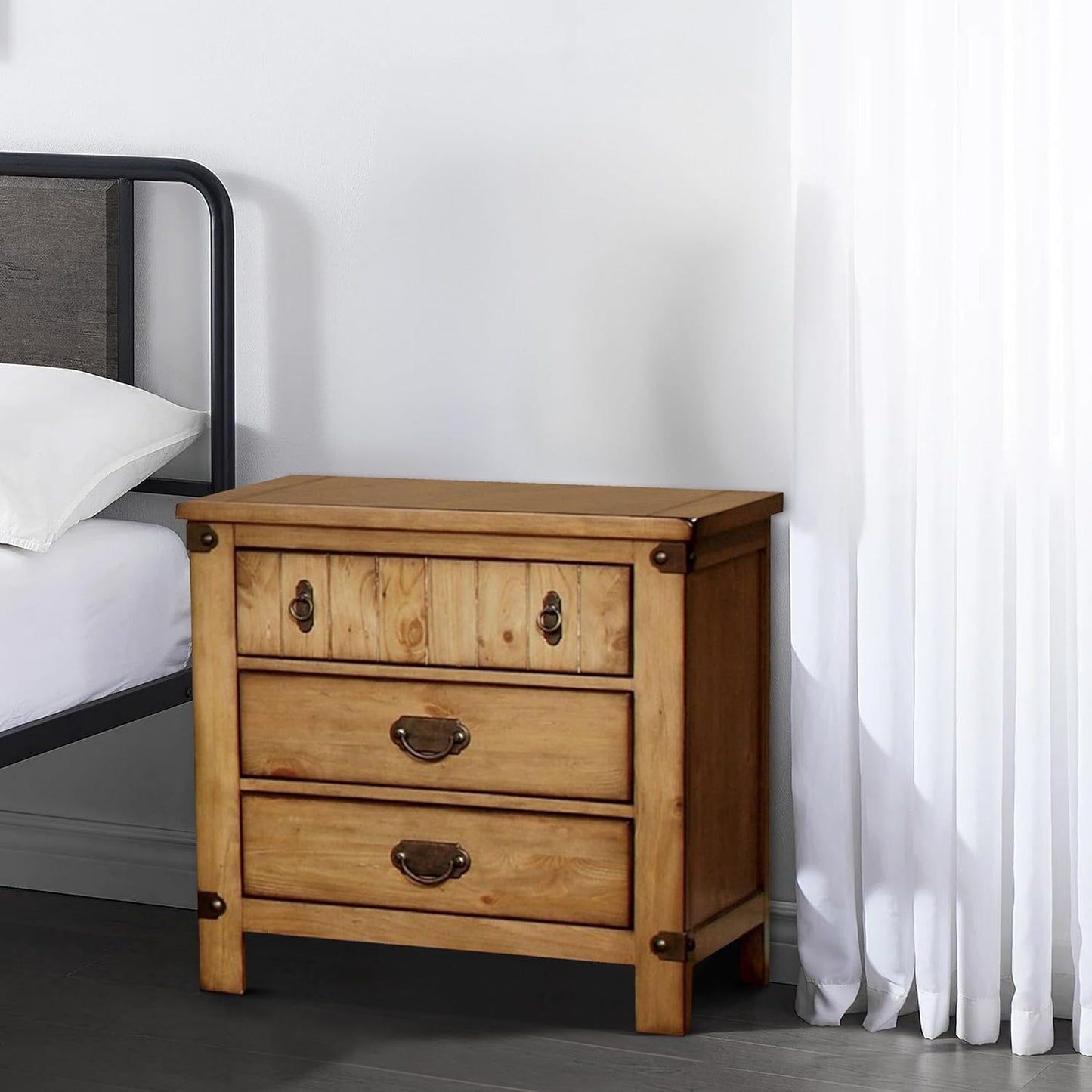 Rustic pine wood drawer nightstand with antique brass hardware