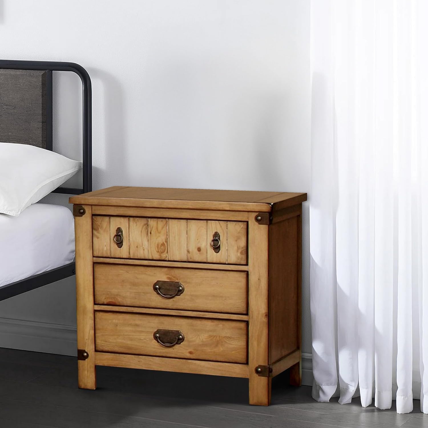 Rustic pine wood drawer nightstand with antique brass hardware