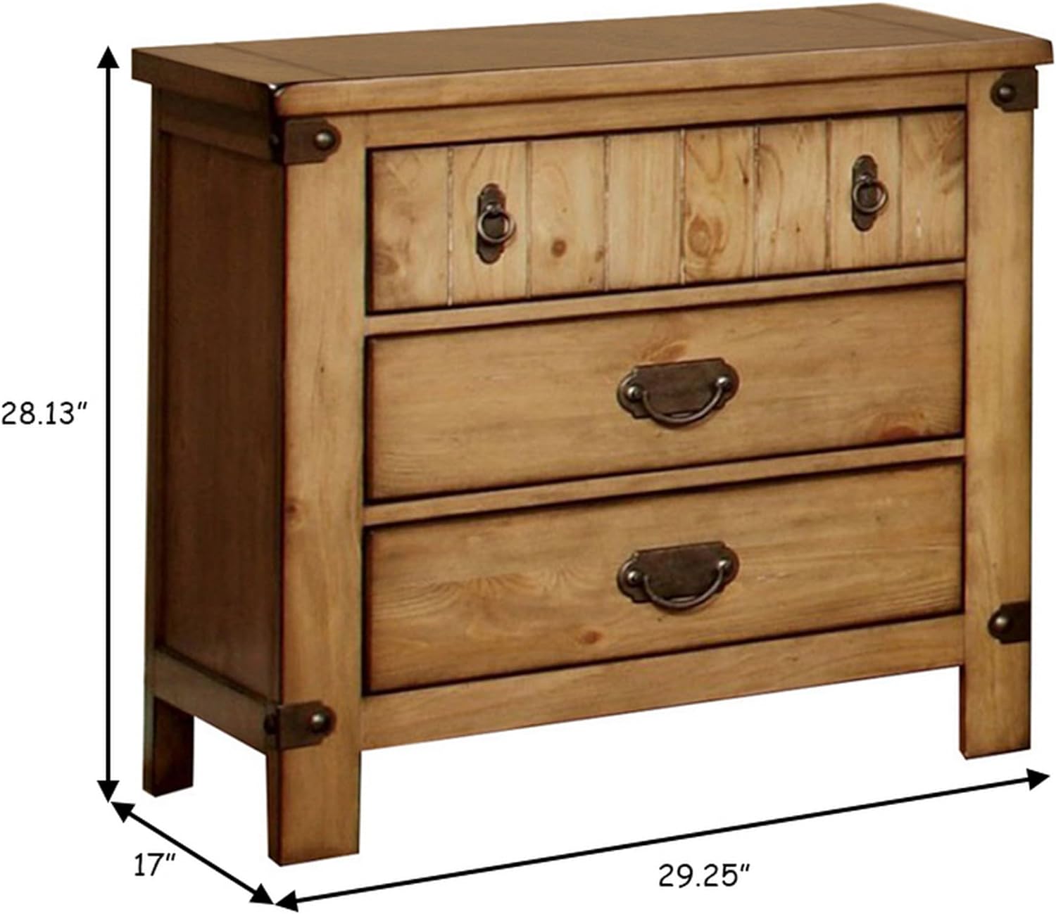 Rustic pine wood drawer nightstand with metal accents and antique ring pulls