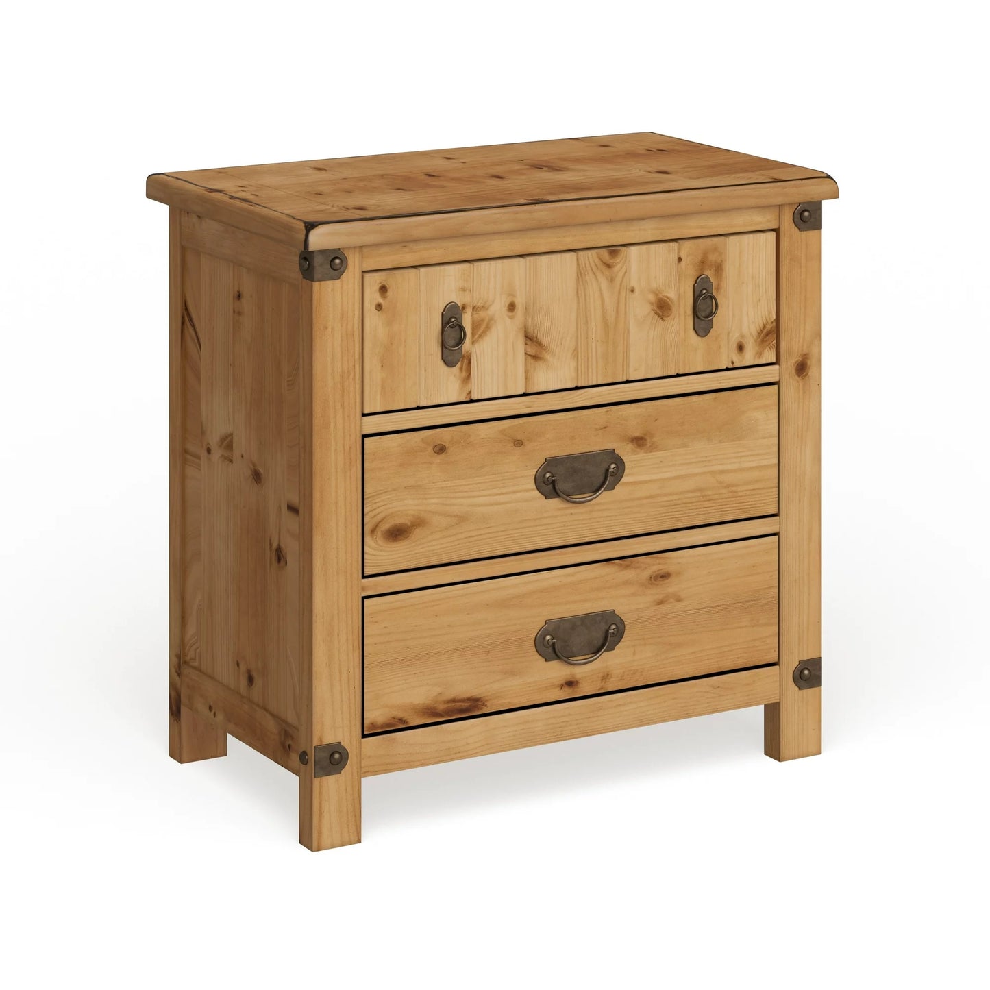 Rustic pine wood drawer chest with antique brass hardware