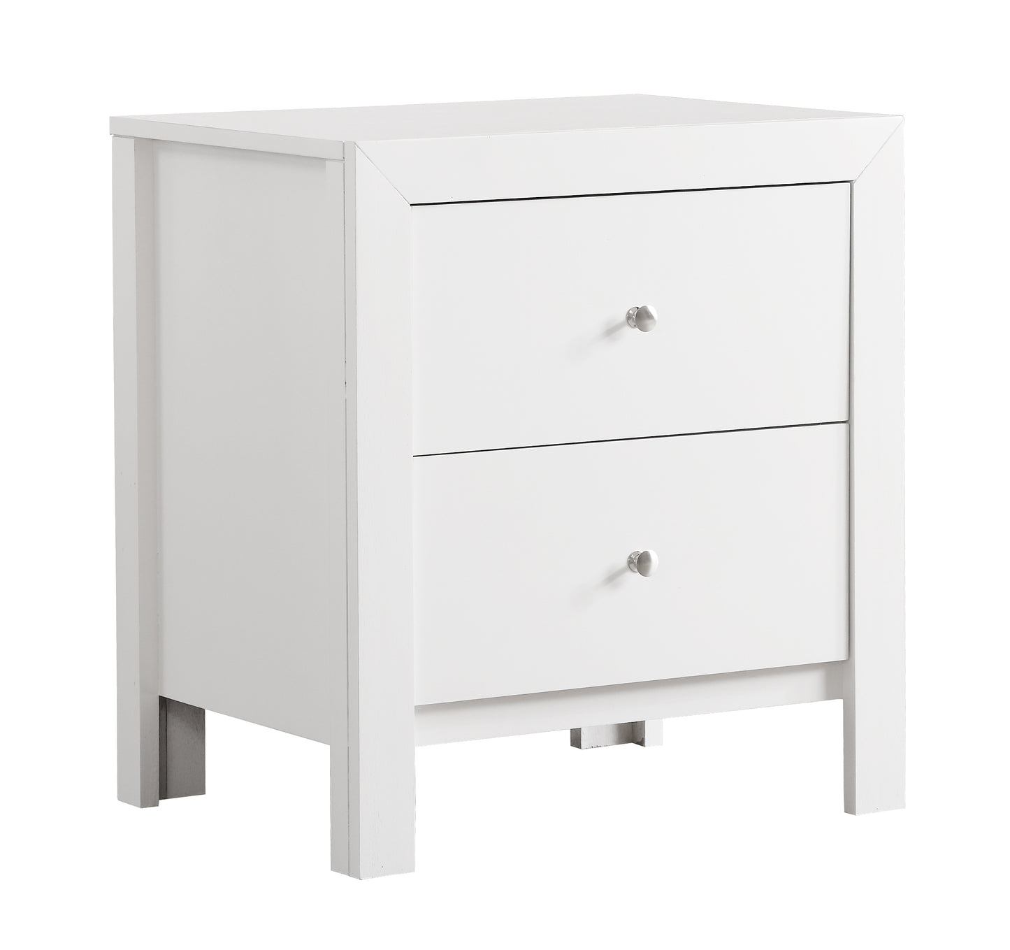 White twodrawer nightstand with modern design and brushed nickel knobs