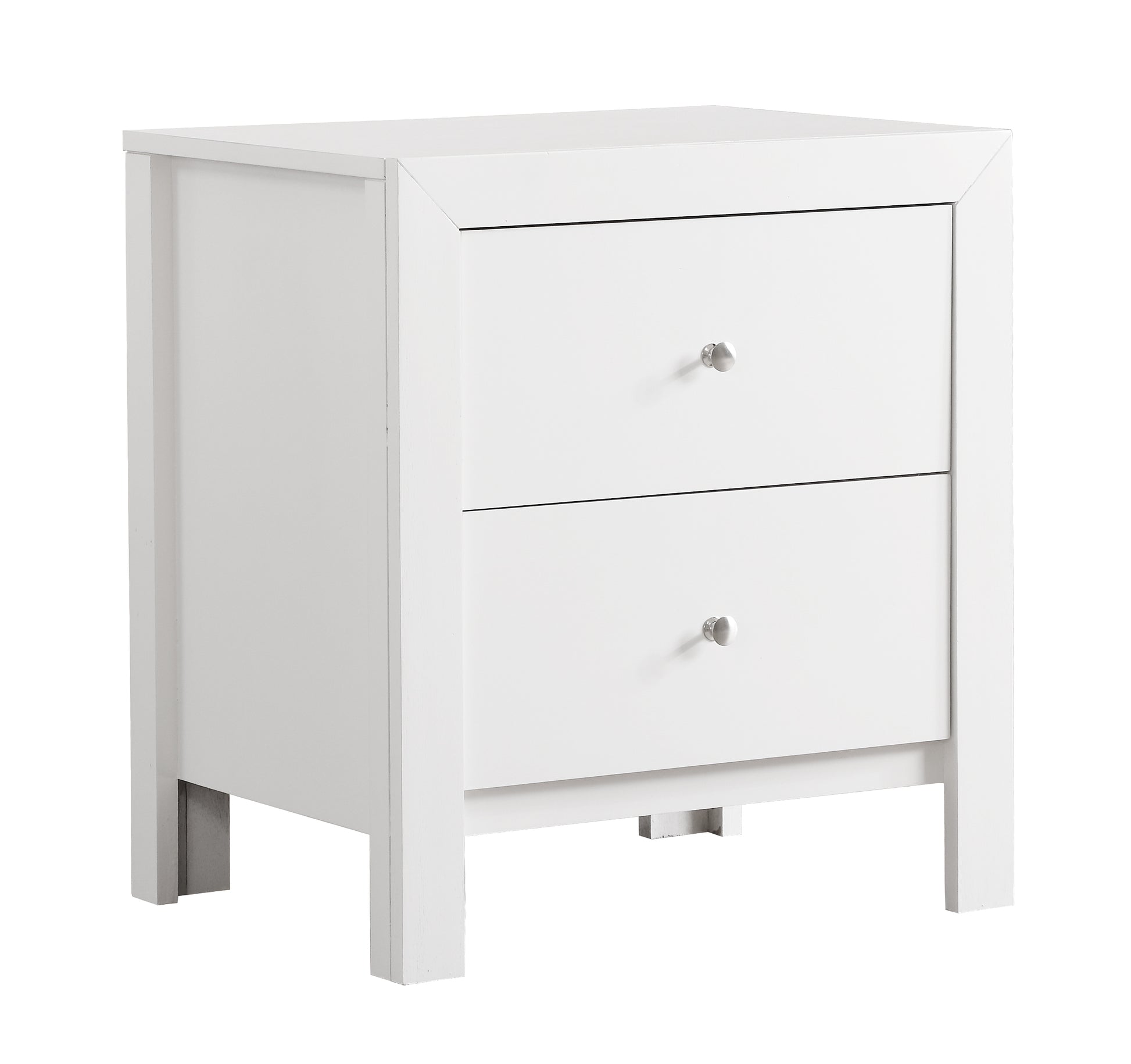 White twodrawer nightstand with modern design and brushed nickel knobs