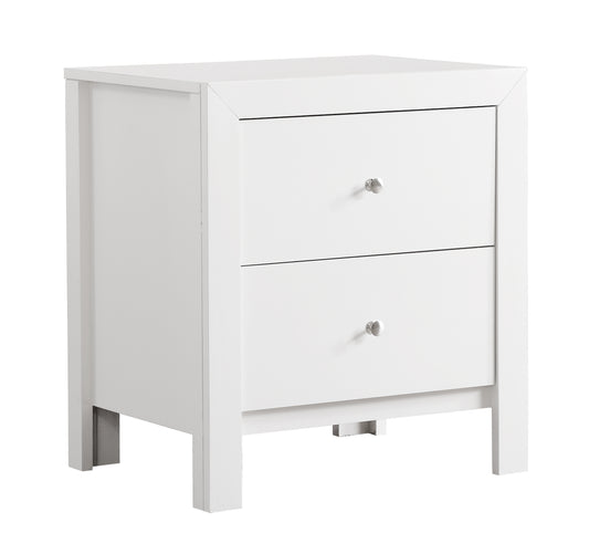 White twodrawer nightstand with modern design and brushed nickel knobs