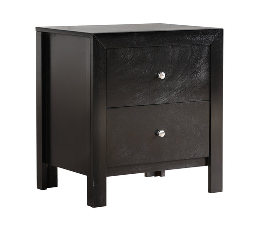 Sleek black wooden nightstand with two drawers and silver knobs for bedroom storage