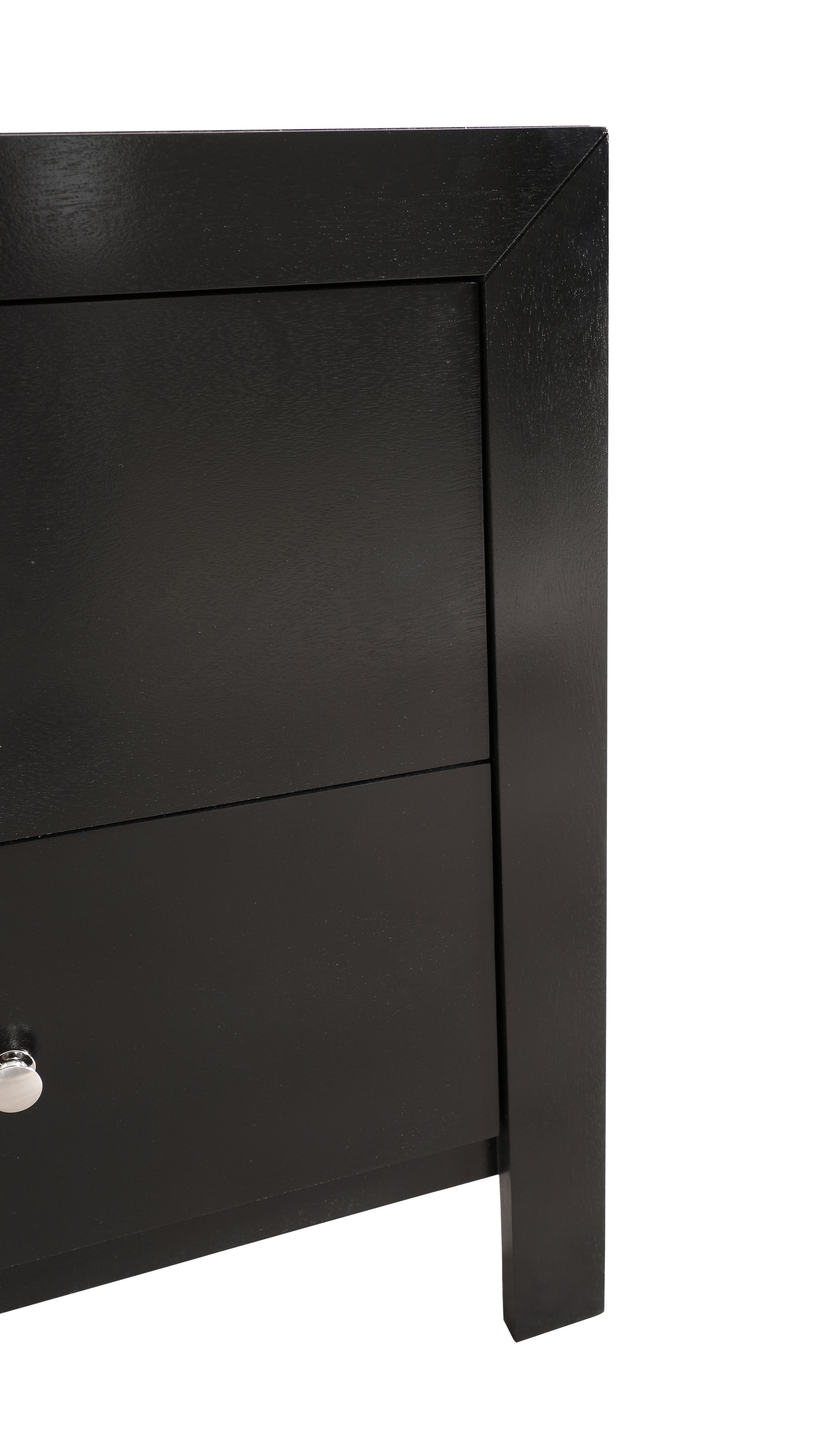 Closeup of a black twodrawer dresser with silver knob modern style