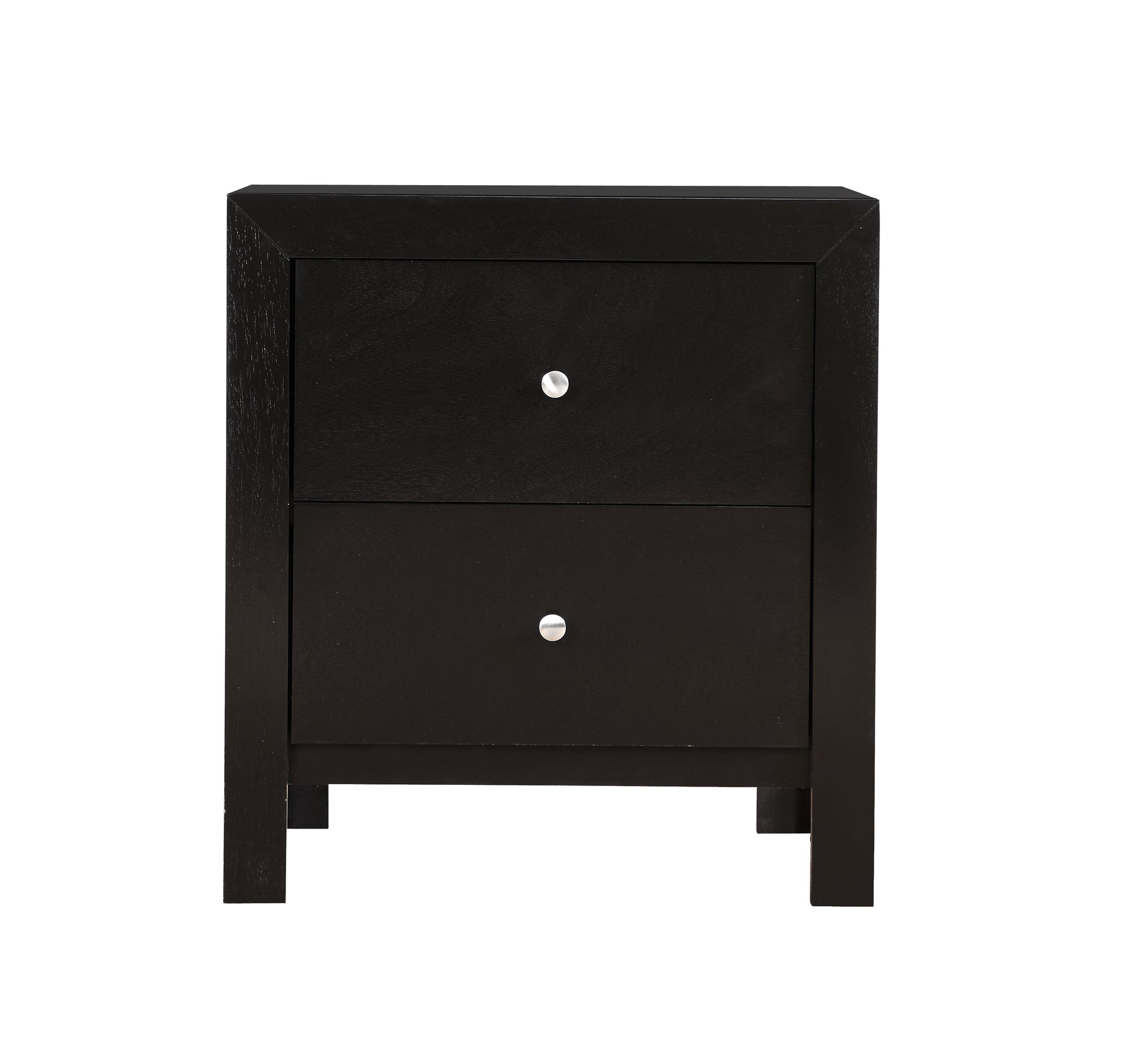 Modern black wood nightstand with two drawers and silver knobs