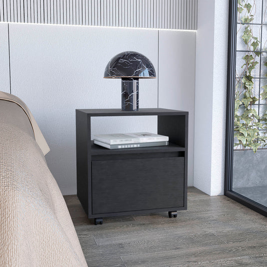 Dark grey wooden nightstand with a drawer and open shelf on casters