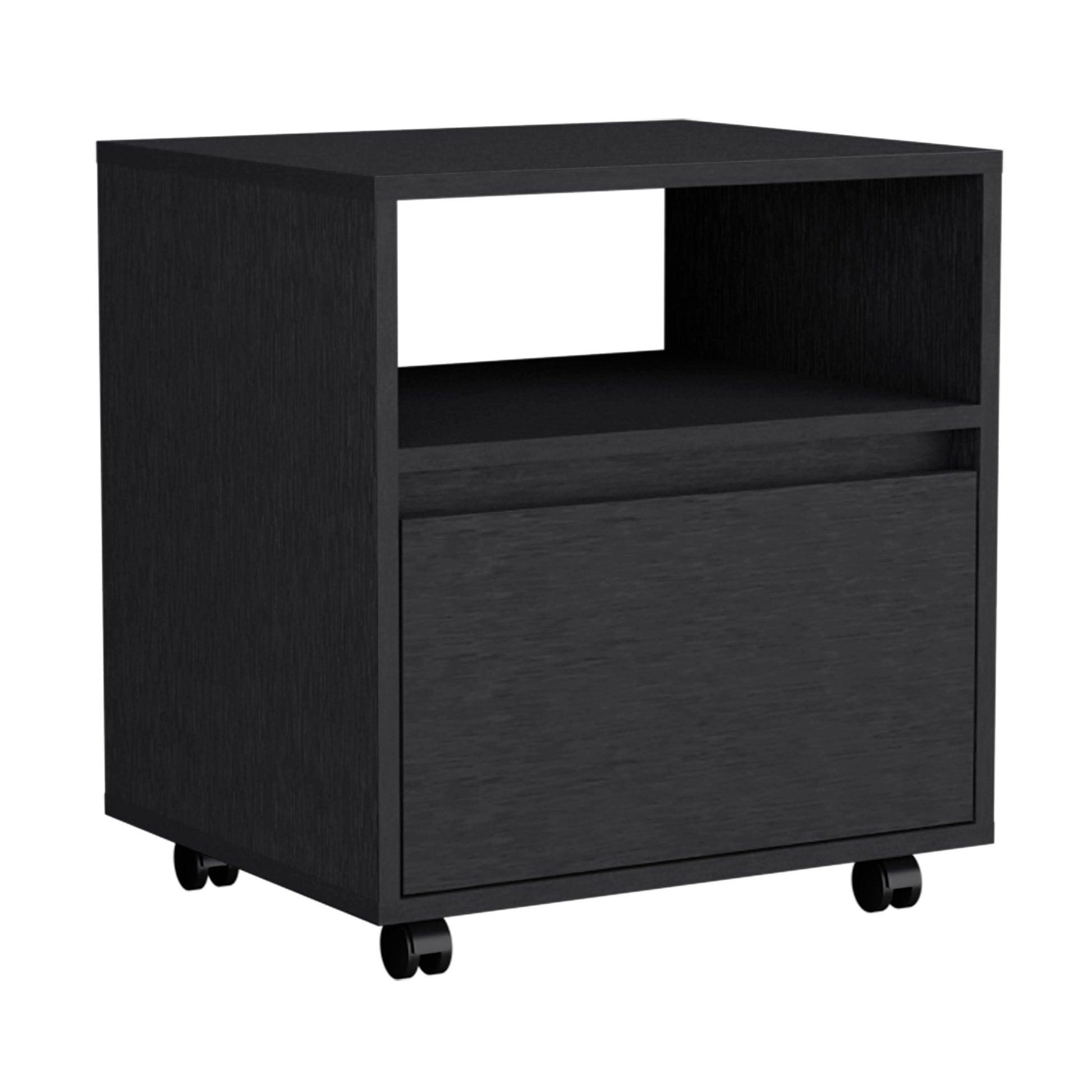 Black wood filing cabinet with one drawer and open shelf on wheels