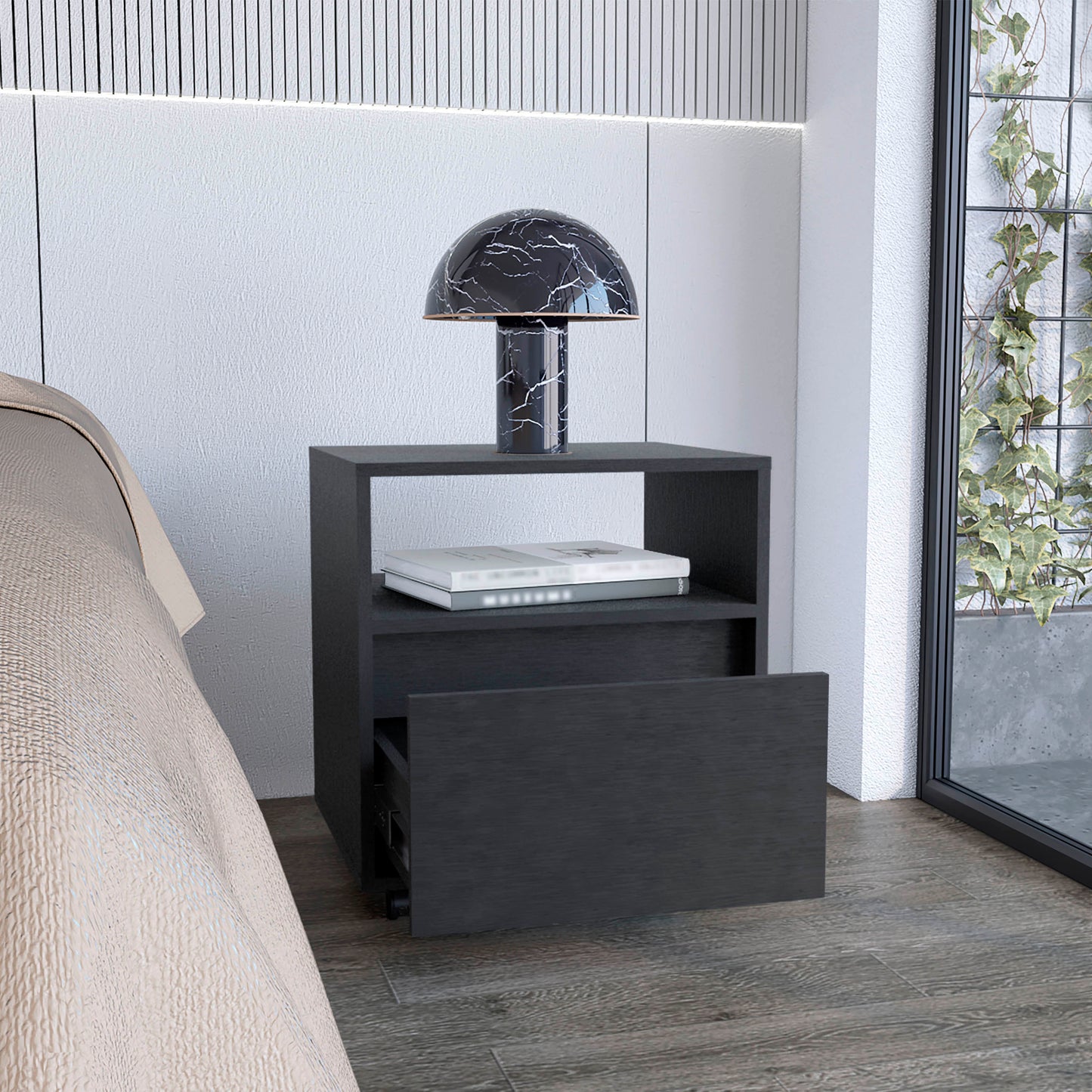 Dark gray modern nightstand with open shelf and drawer