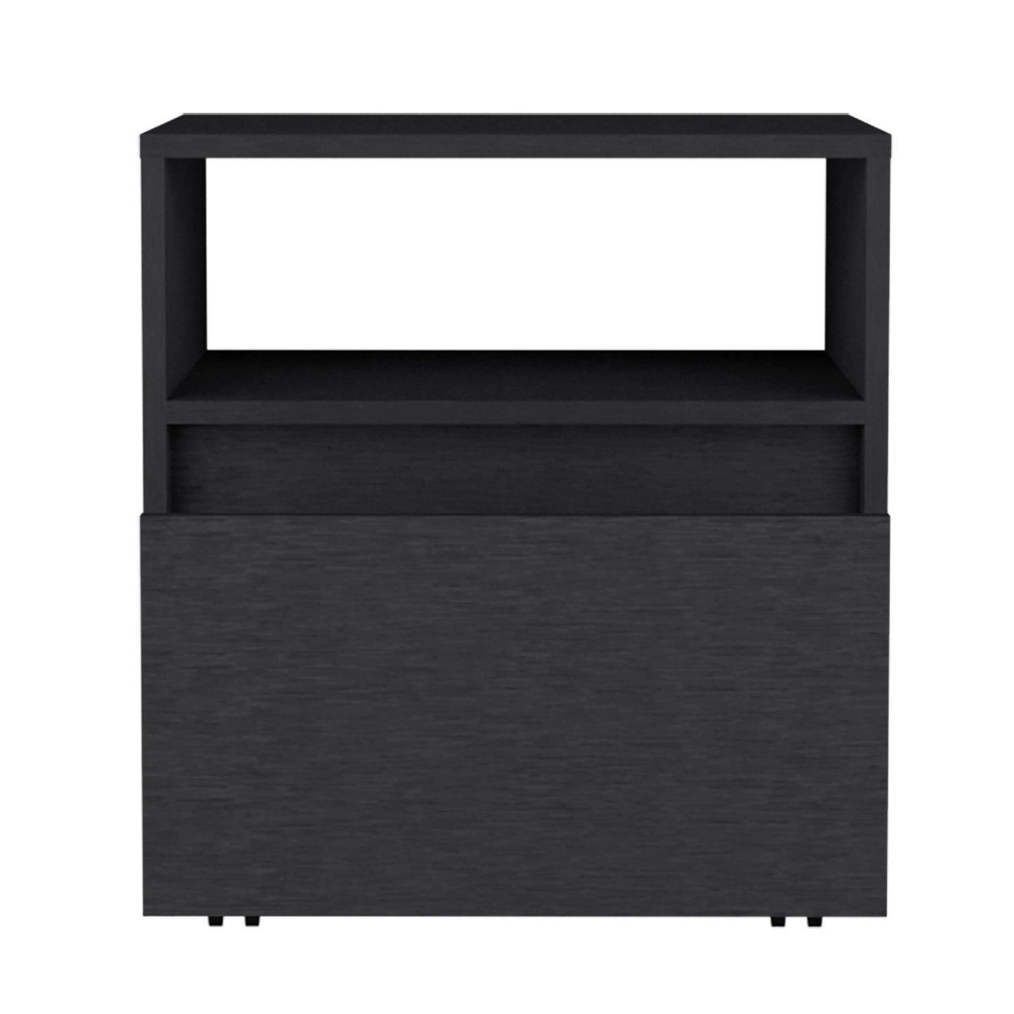 Modern black nightstand with open shelf and drawer