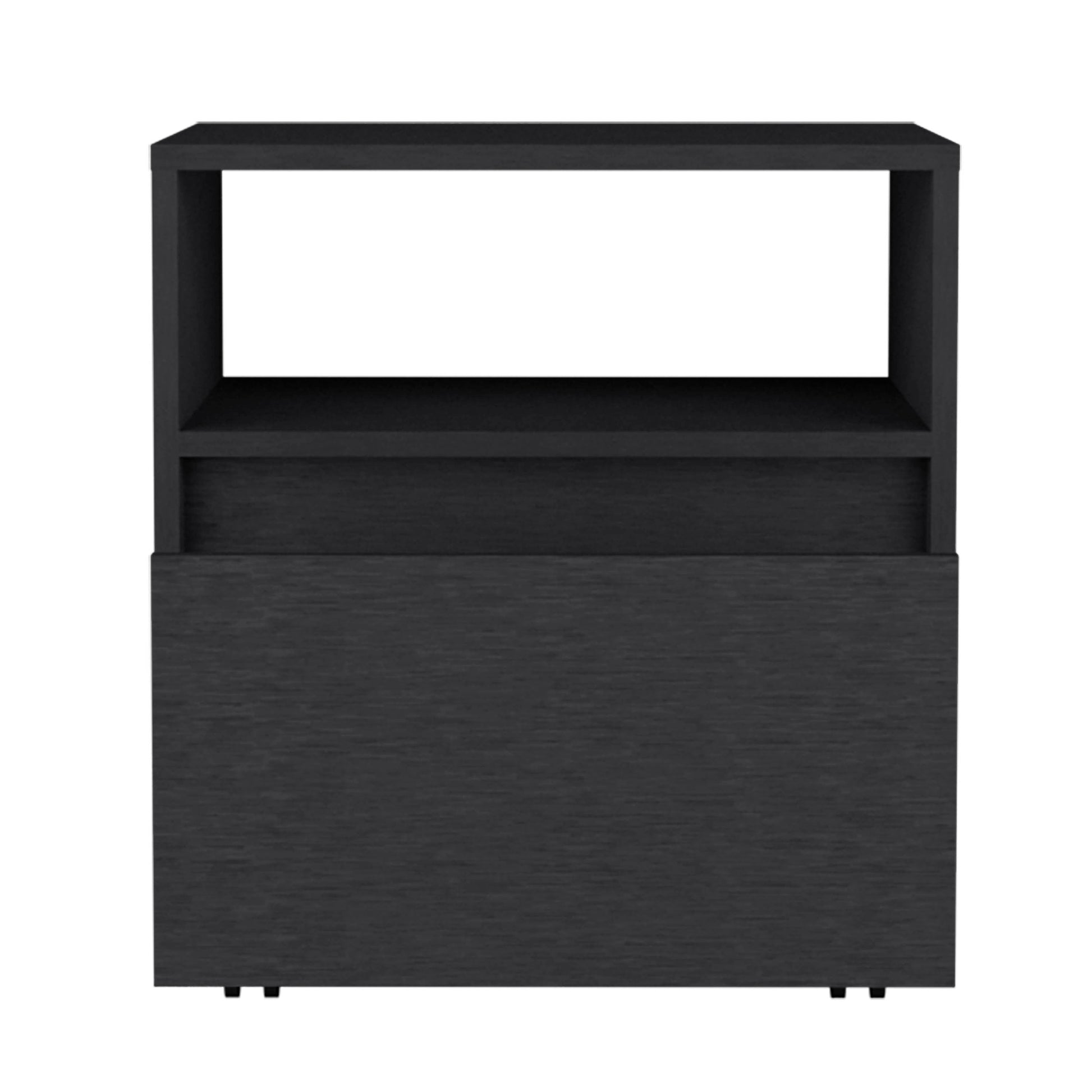 Modern black nightstand with open shelf and drawer