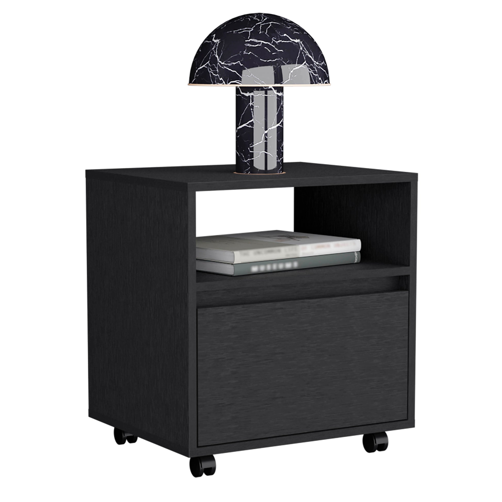Black modern nightstand with one drawer and open shelf