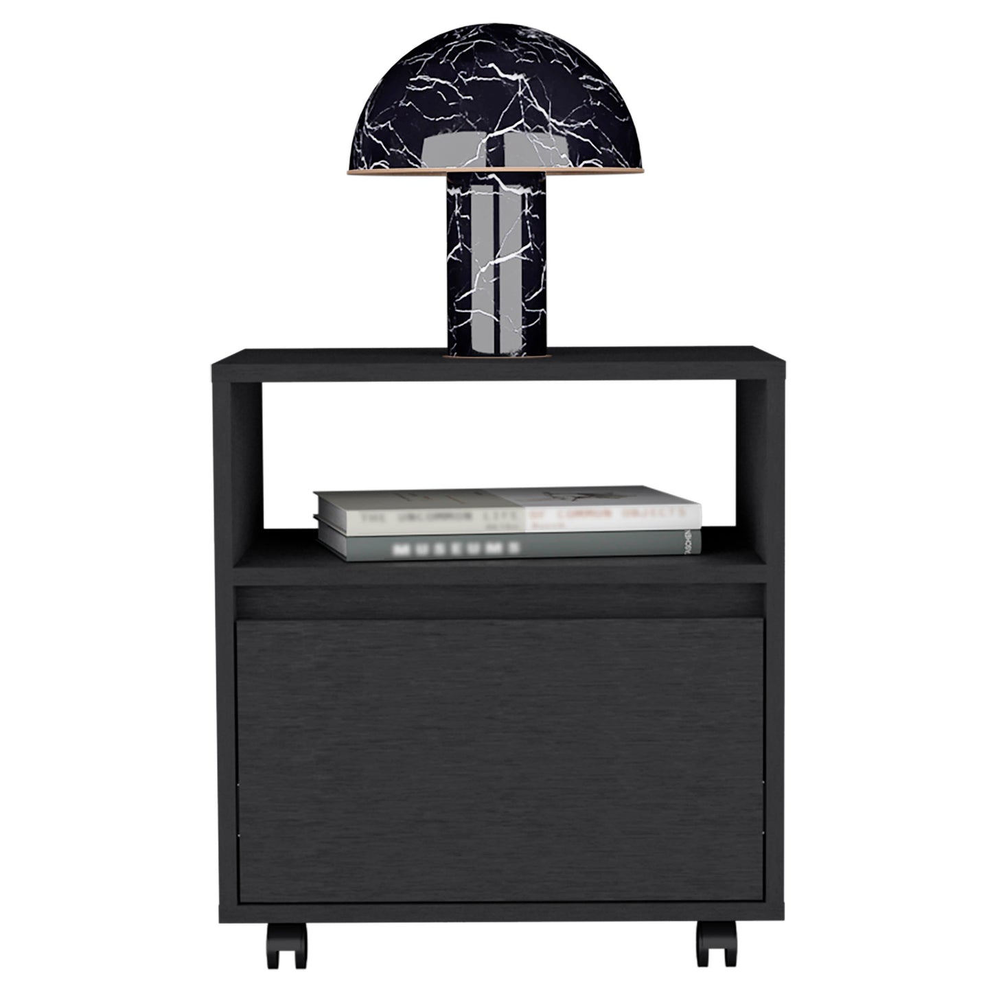 Black marble mushroom table lamp on a black nightstand with wheels