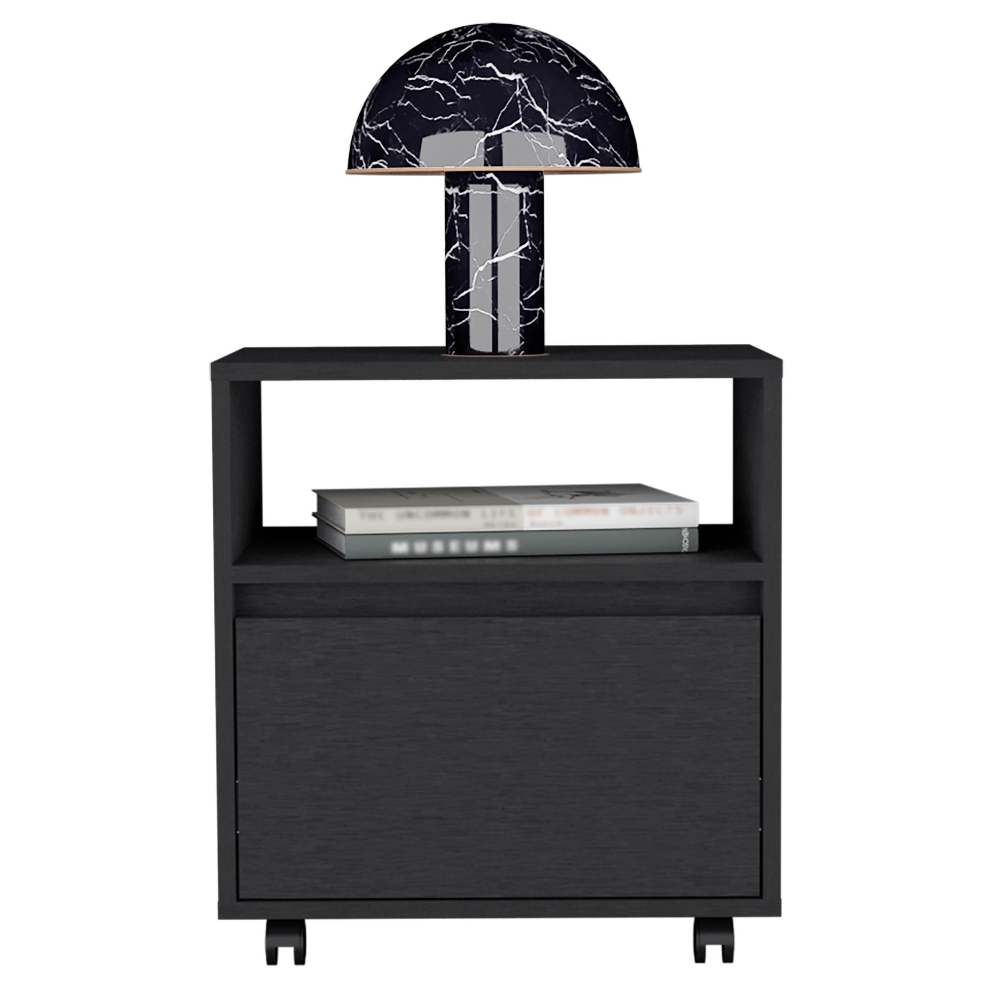 Black marble mushroom table lamp on a black nightstand with wheels