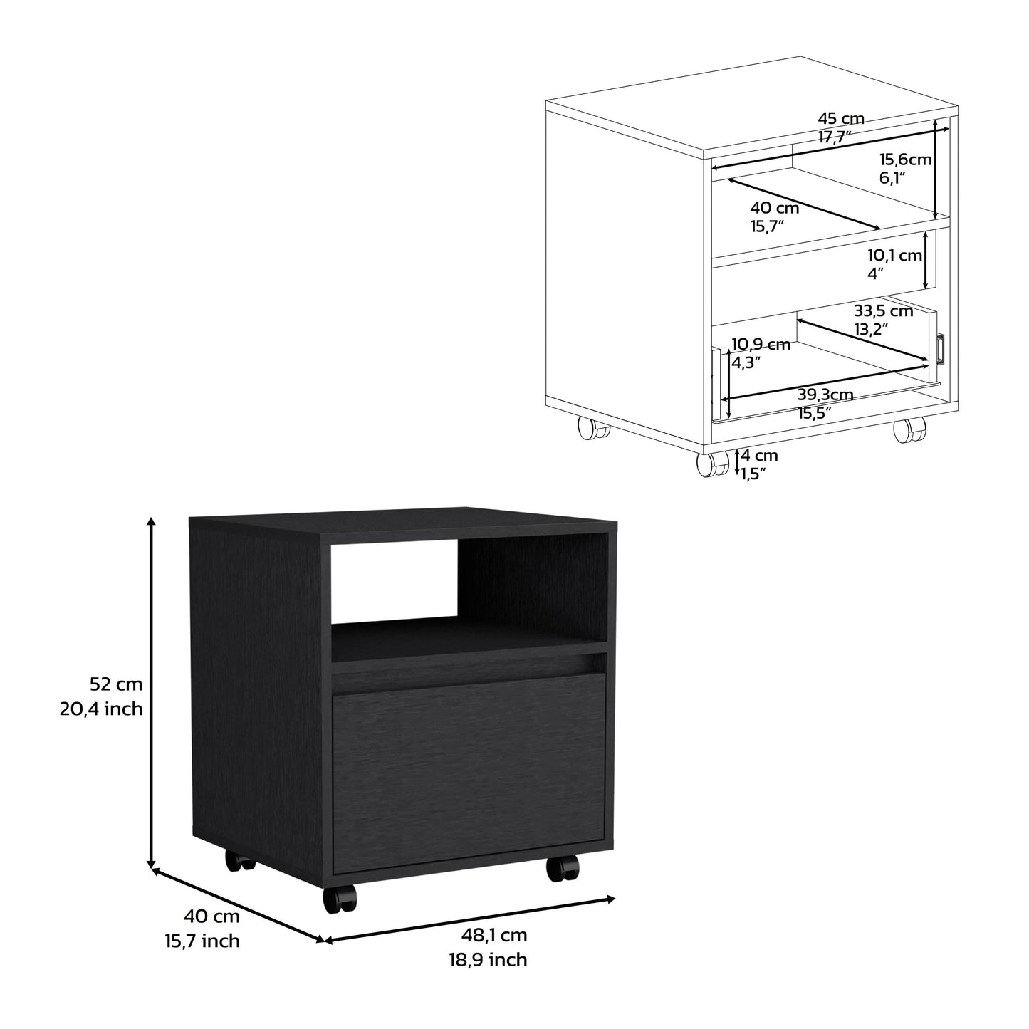 Black mobile filing cabinet with one drawer and open shelf cm deep