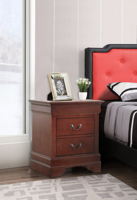 Traditional dark cherry wood nightstand with two drawers and ornate pulls