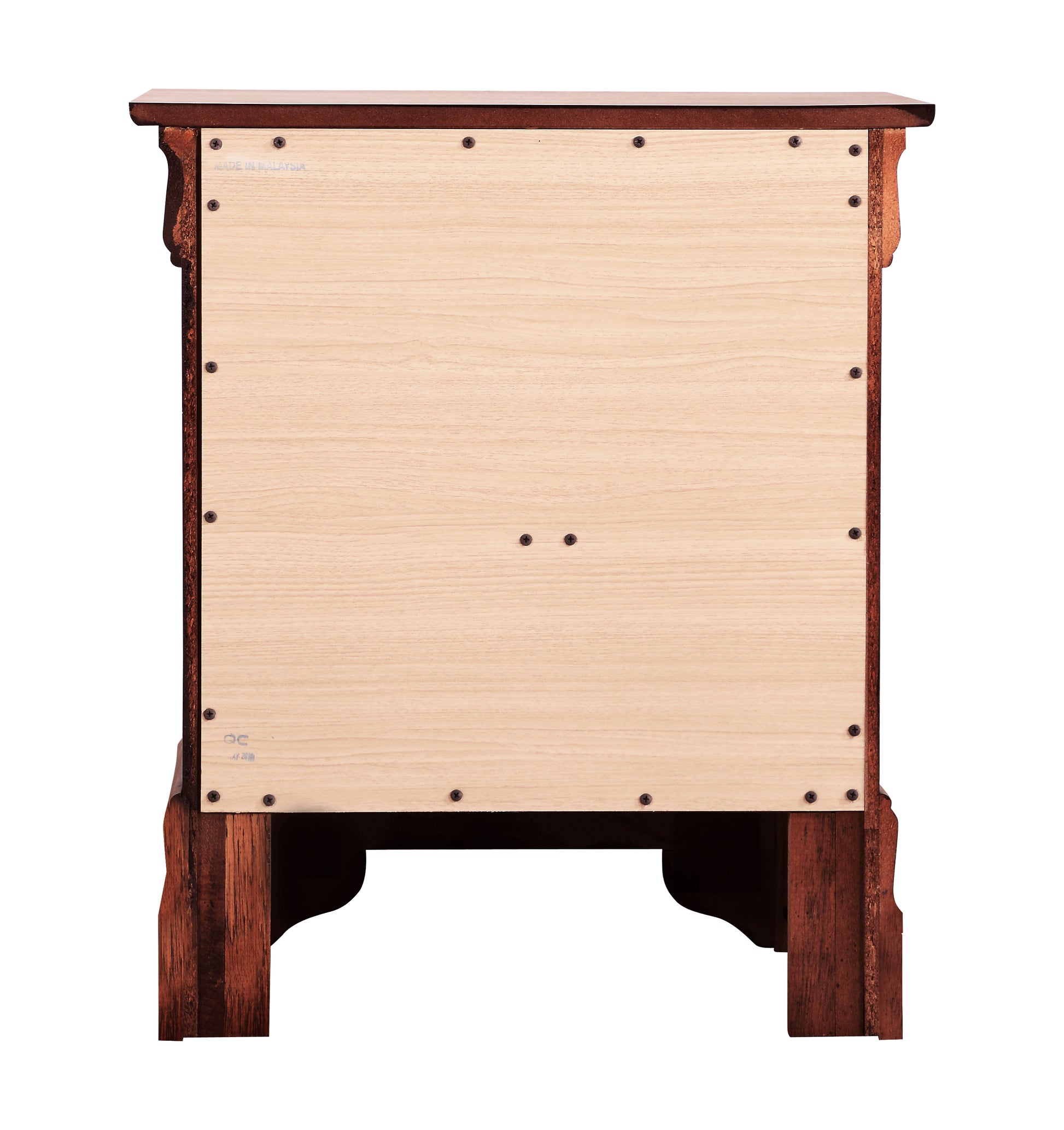 Back panel of a dark wood nightstand with visible screws