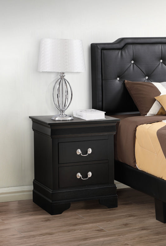 Dark wood nightstand with two drawers and silver pulls beside a bed