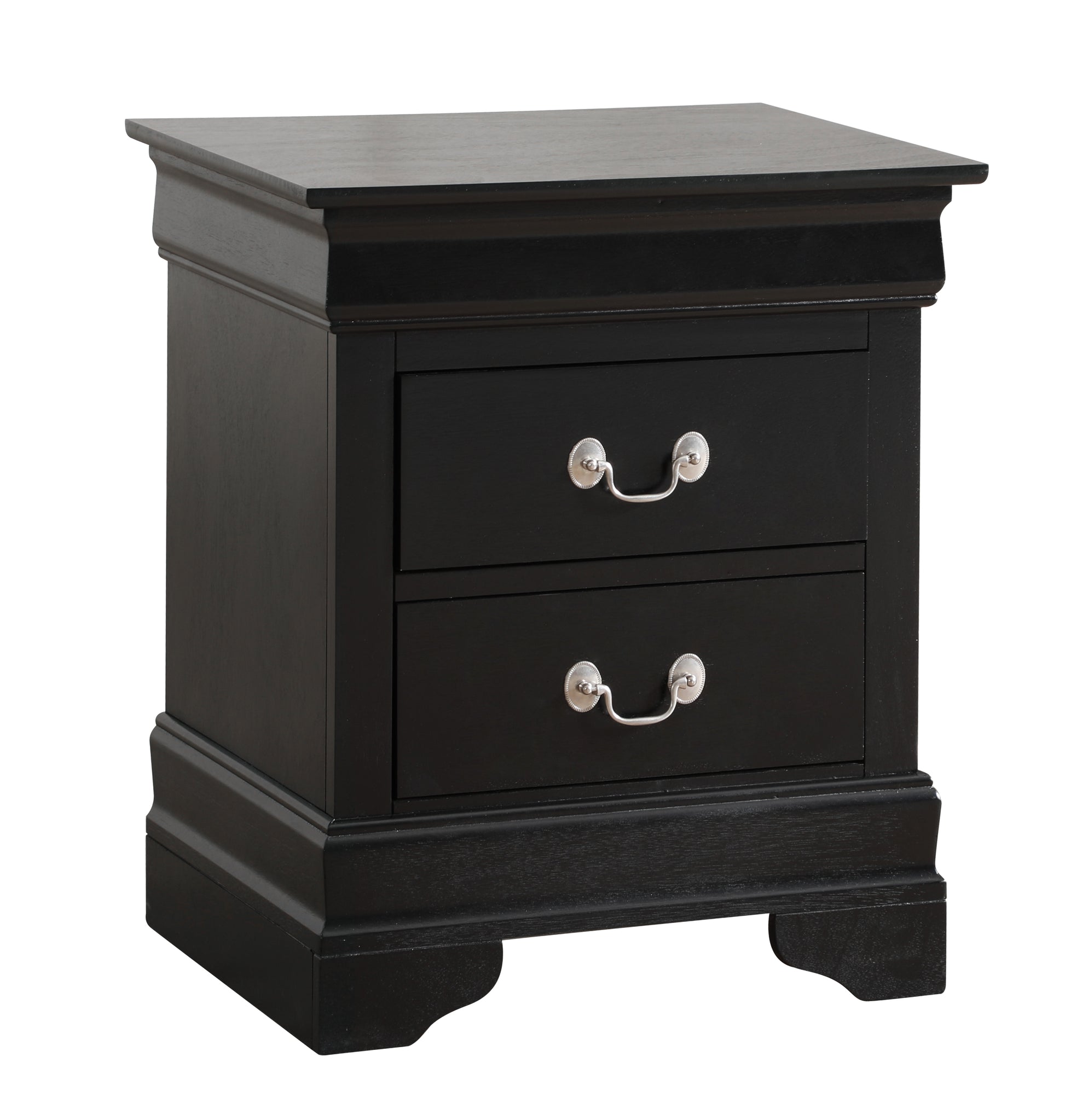 Black wood bedside table with two pullhandle drawers and ornate base