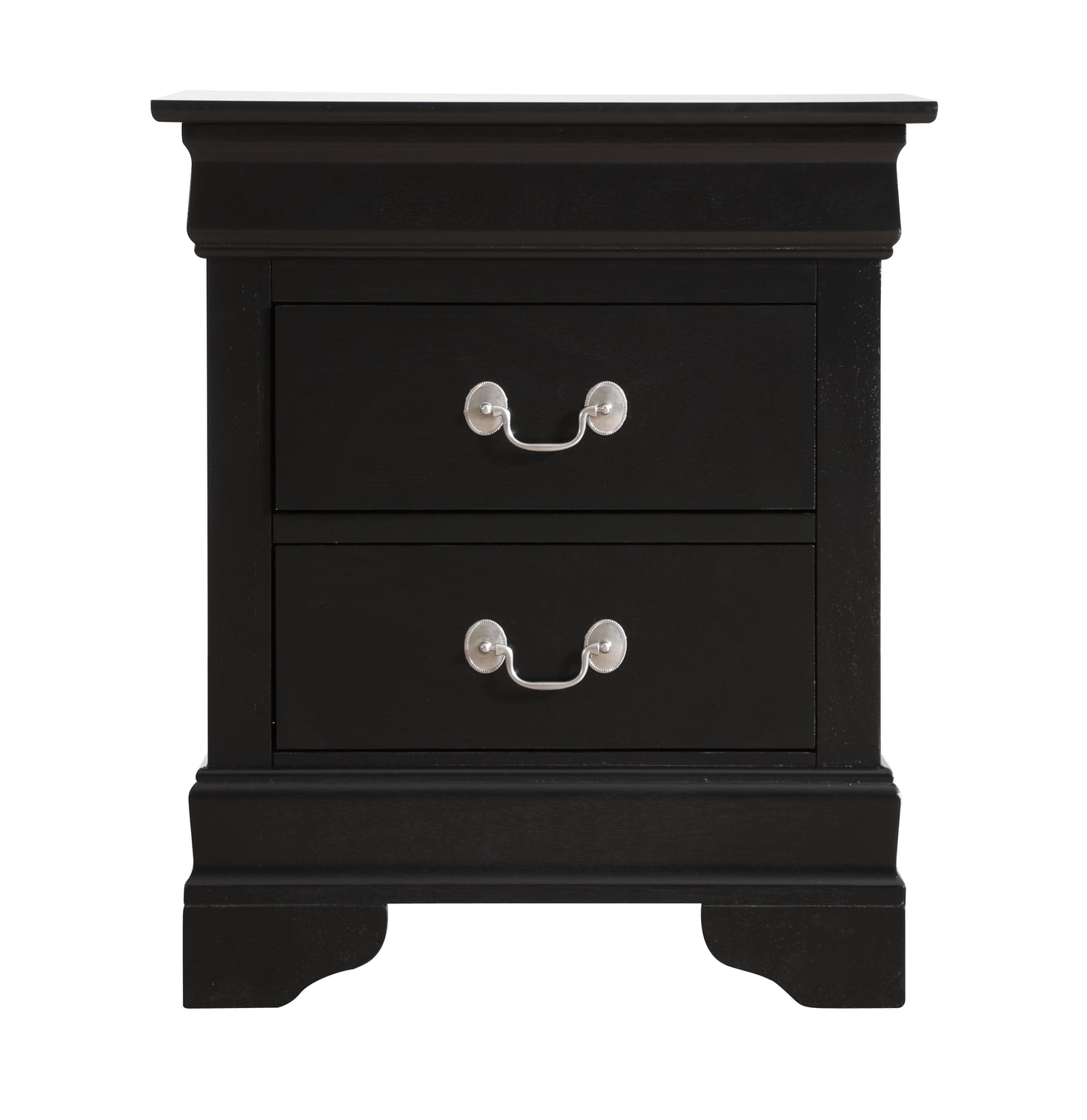 Black wooden twodrawer nightstand with silver hardware for bedroom storage