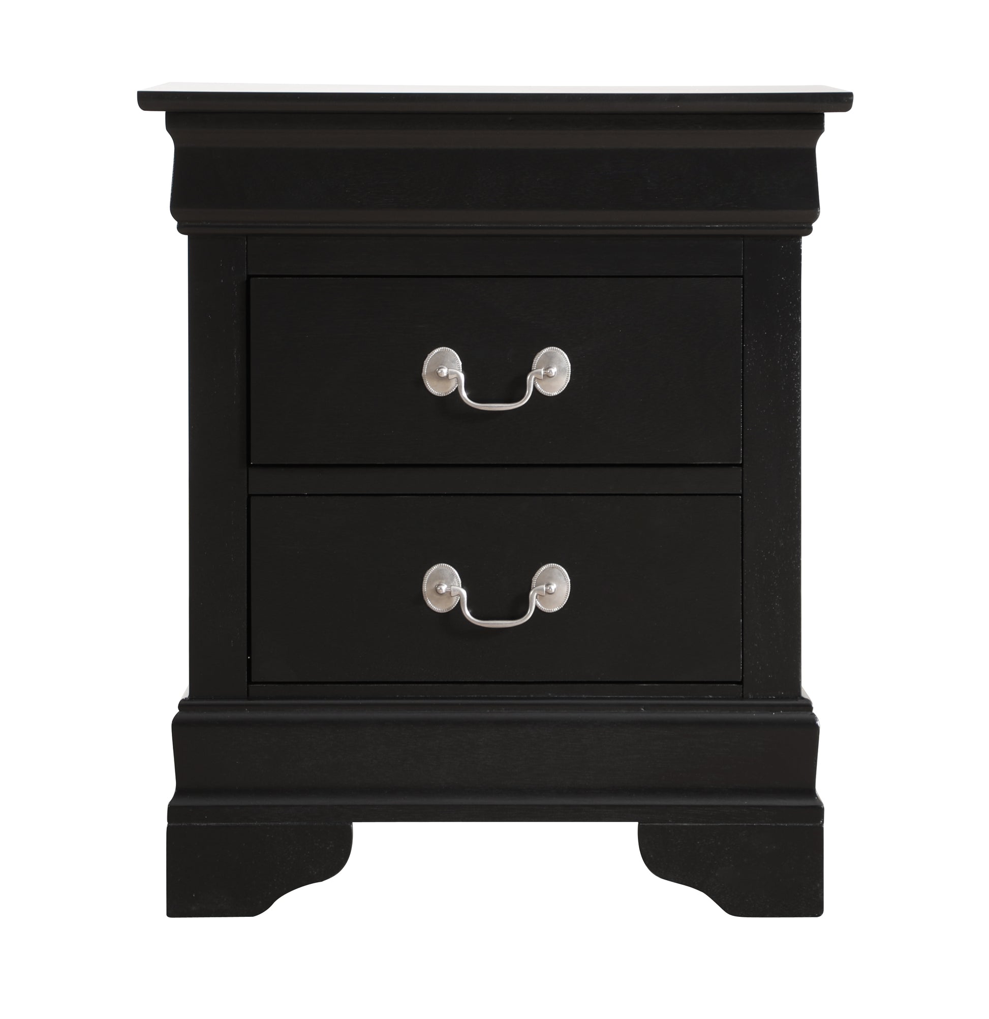 Black wooden twodrawer nightstand with silver hardware for bedroom storage