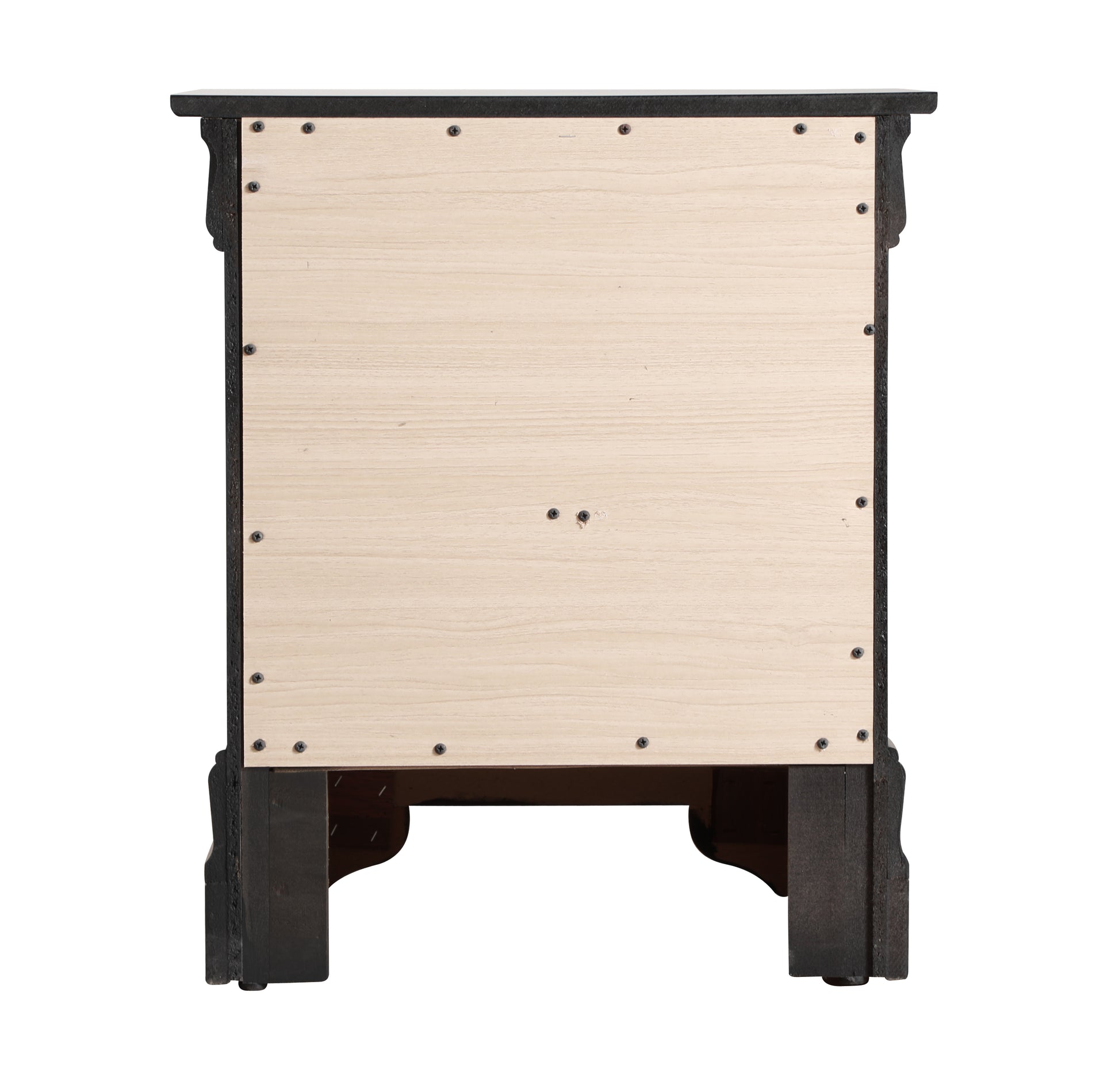 Back view of a black wooden bedside table with a light wood back panel secured by screws