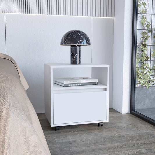 White rolling nightstand with drawer and open shelf
