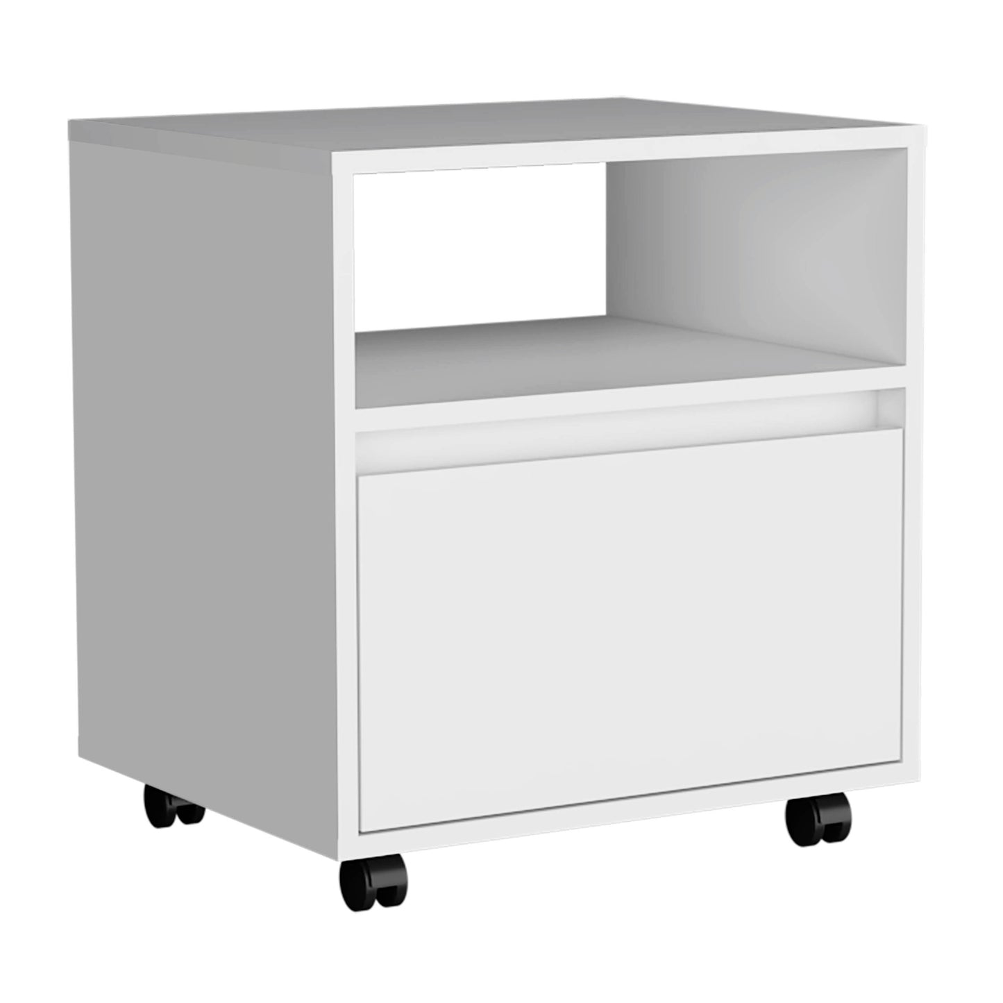 White rolling filing cabinet with one drawer and an open shelf