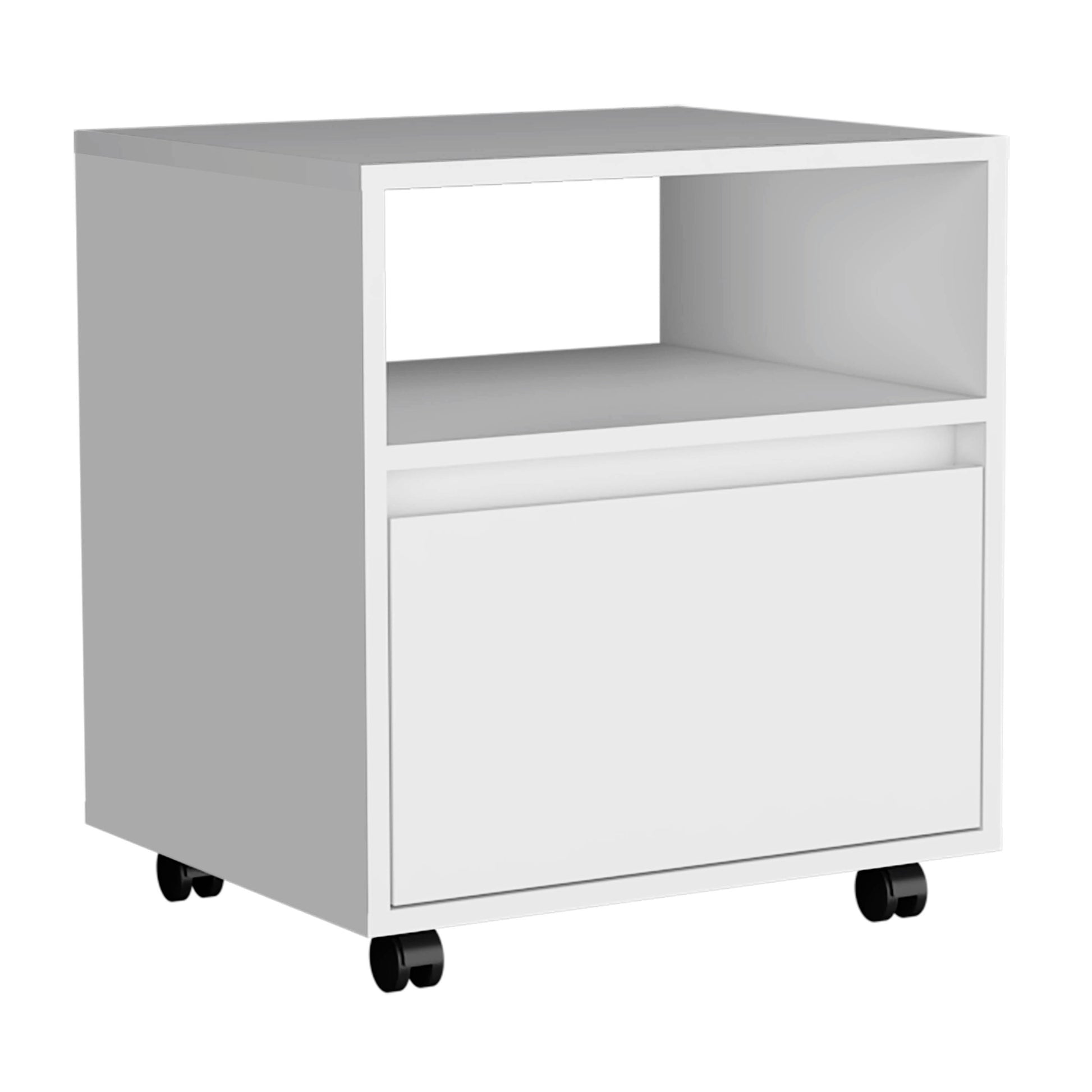 White rolling filing cabinet with one drawer and an open shelf