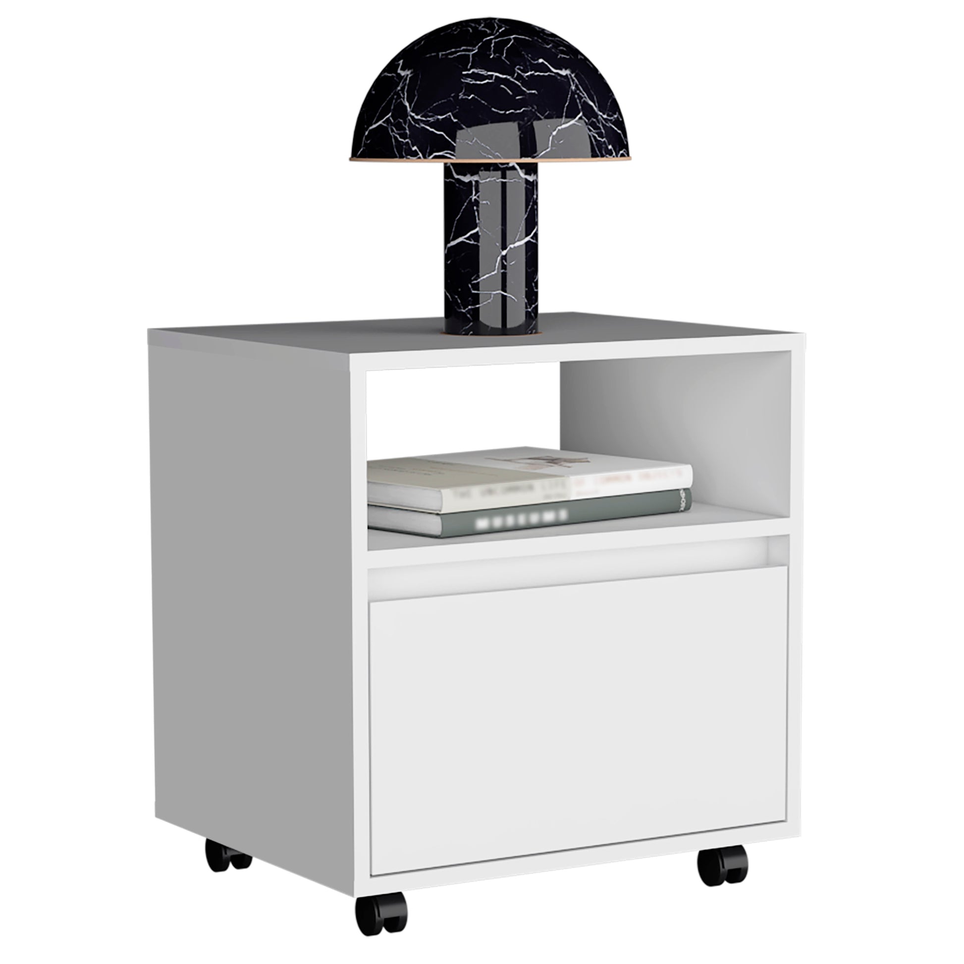 White rolling nightstand with a black marble patterned mushroom lamp and two books