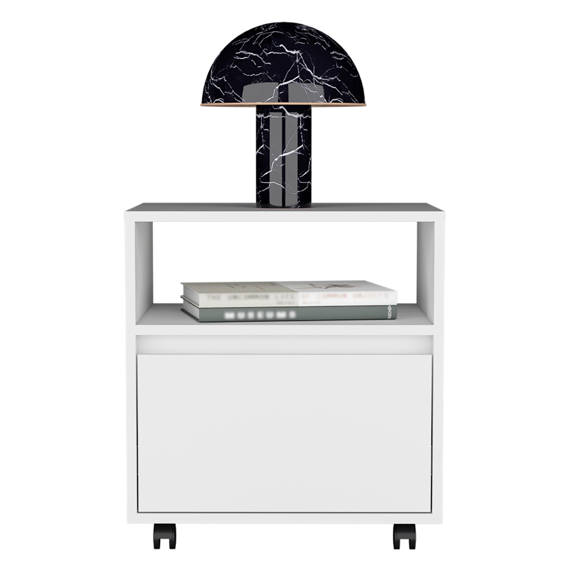 Modern black marble dome lamp on white bedside table with drawer