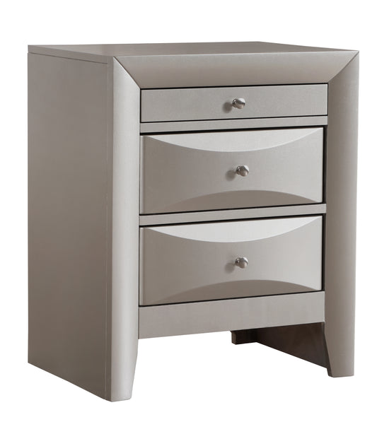 Sleek silver nightstand with three drawers and a polished silver knob ideal for modern bedrooms