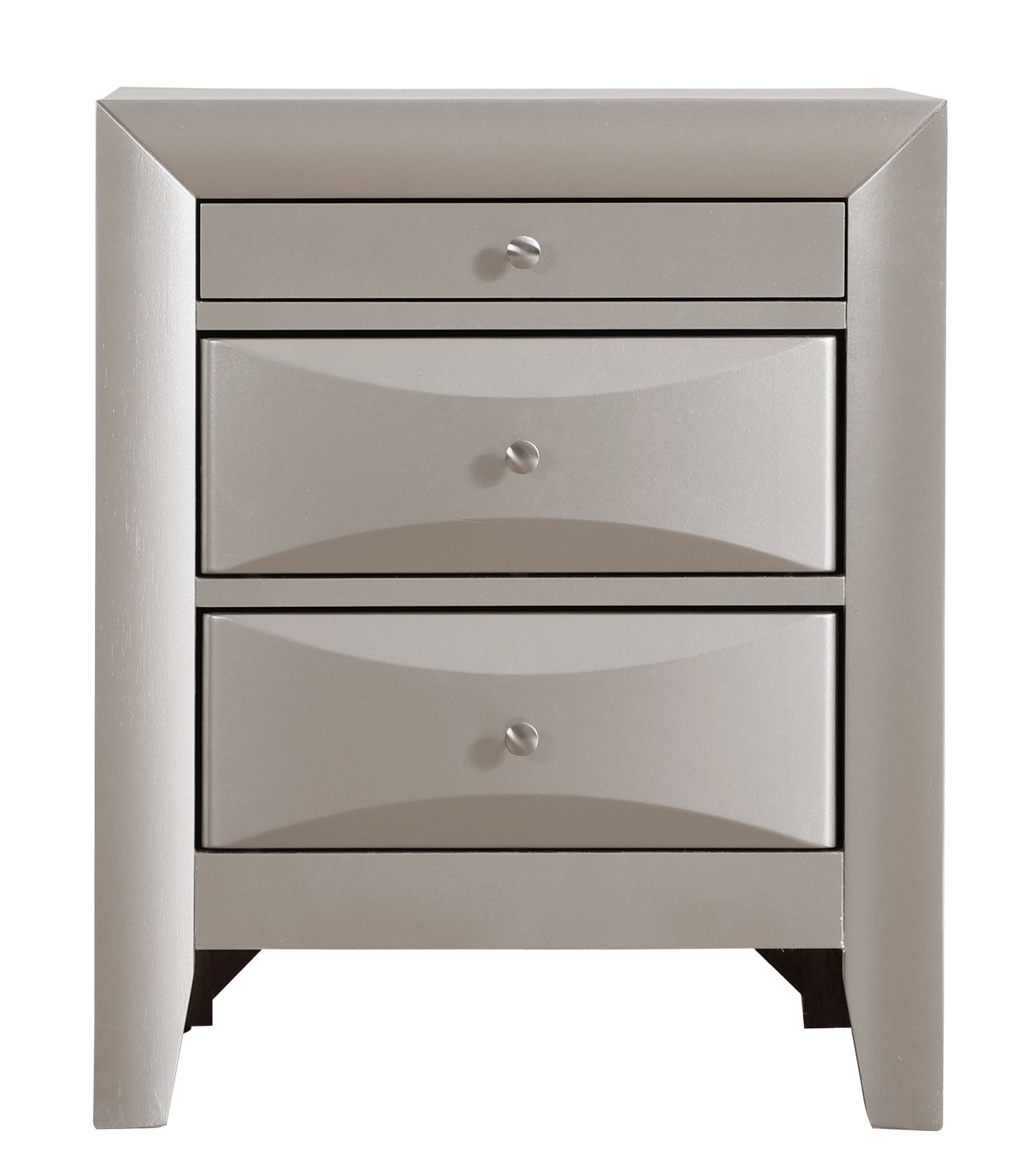 Sleek grey threedrawer nightstand with brushed nickel knobs modern bedroom furniture